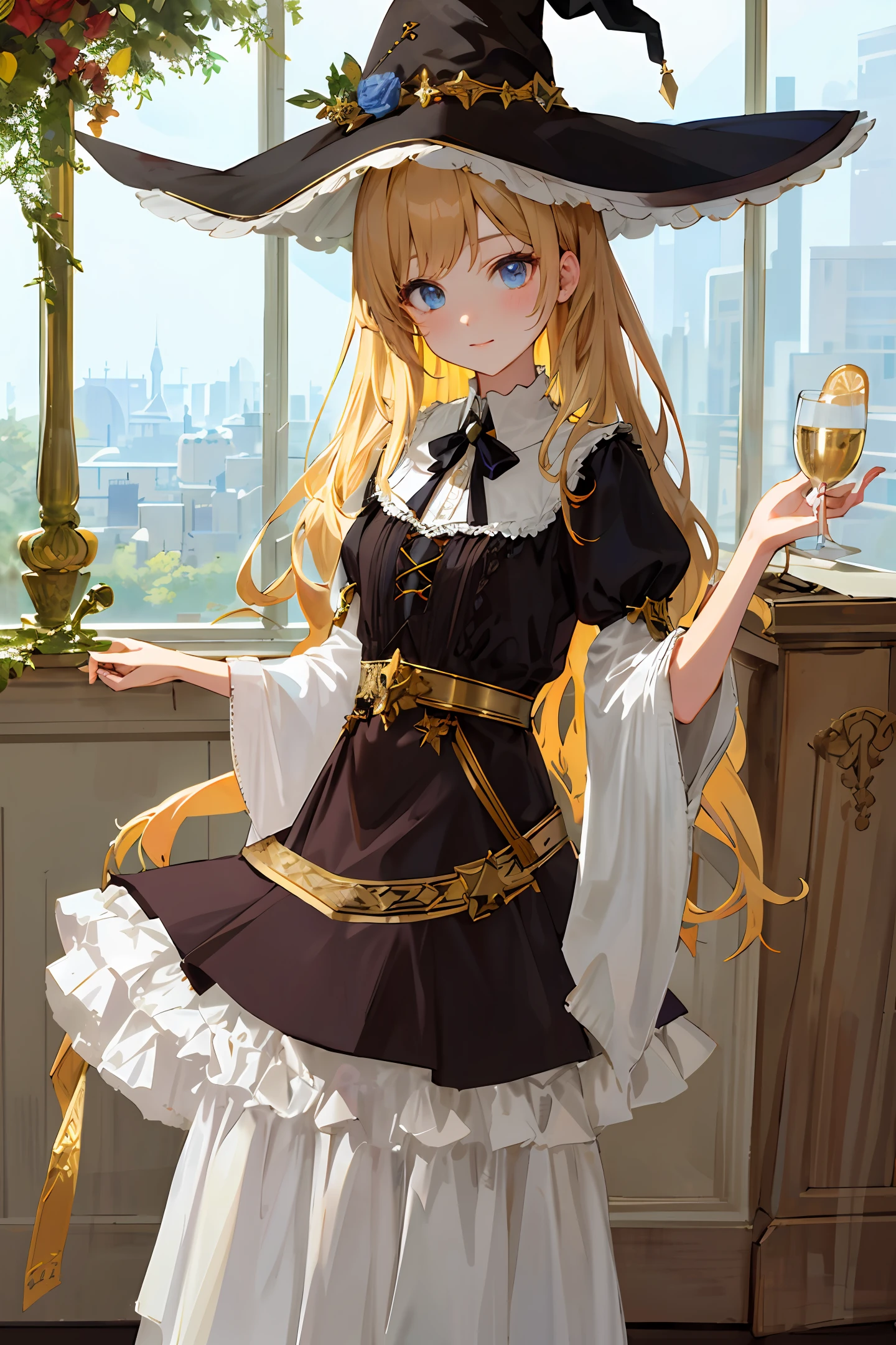 Woman with ,golden curly hair,Blue eyes,white fox ears,,black tight dress