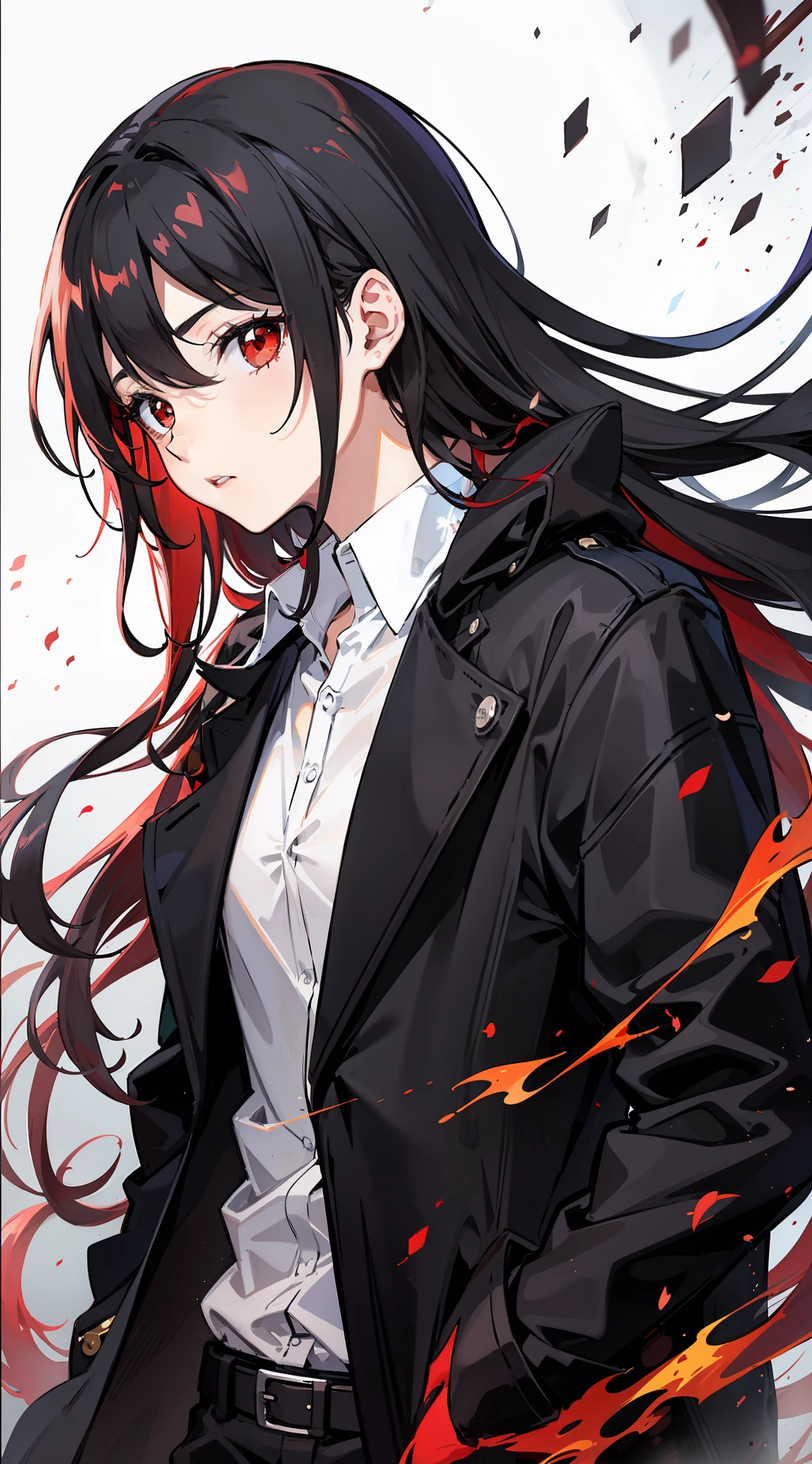 Red long-haired,Fly in the air,Black coat,White shirt,holds a spear,火焰,Red eyes