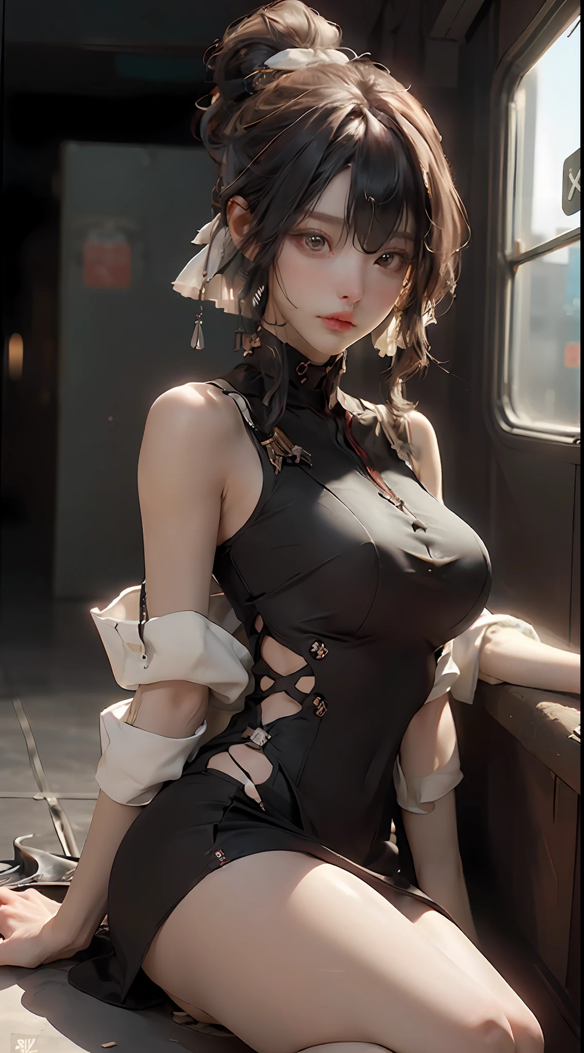 ((best qualtiy)), ((tmasterpiece)), (the detail:1.4), 3D, A beautiful cyberpunk female image,hdr(HighDynamicRange),Ray traching,NVIDIA RTX,Hyper-Resolution,Unreal 5,Subsurface scattering、PBR Texture、post-processed、Anisotropy Filtering、depth of fields、maximum definition and sharpness、Many-Layer Textures、Albedo e mapas Speculares、Surface coloring、Accurate simulation of light-material interactions、perfectly proportioned、rendering by octane、Two-colored light、largeaperture、Low ISO、White balance、the rule of thirds、8K raw data、Dress revealingly,big breasts exposing breasts