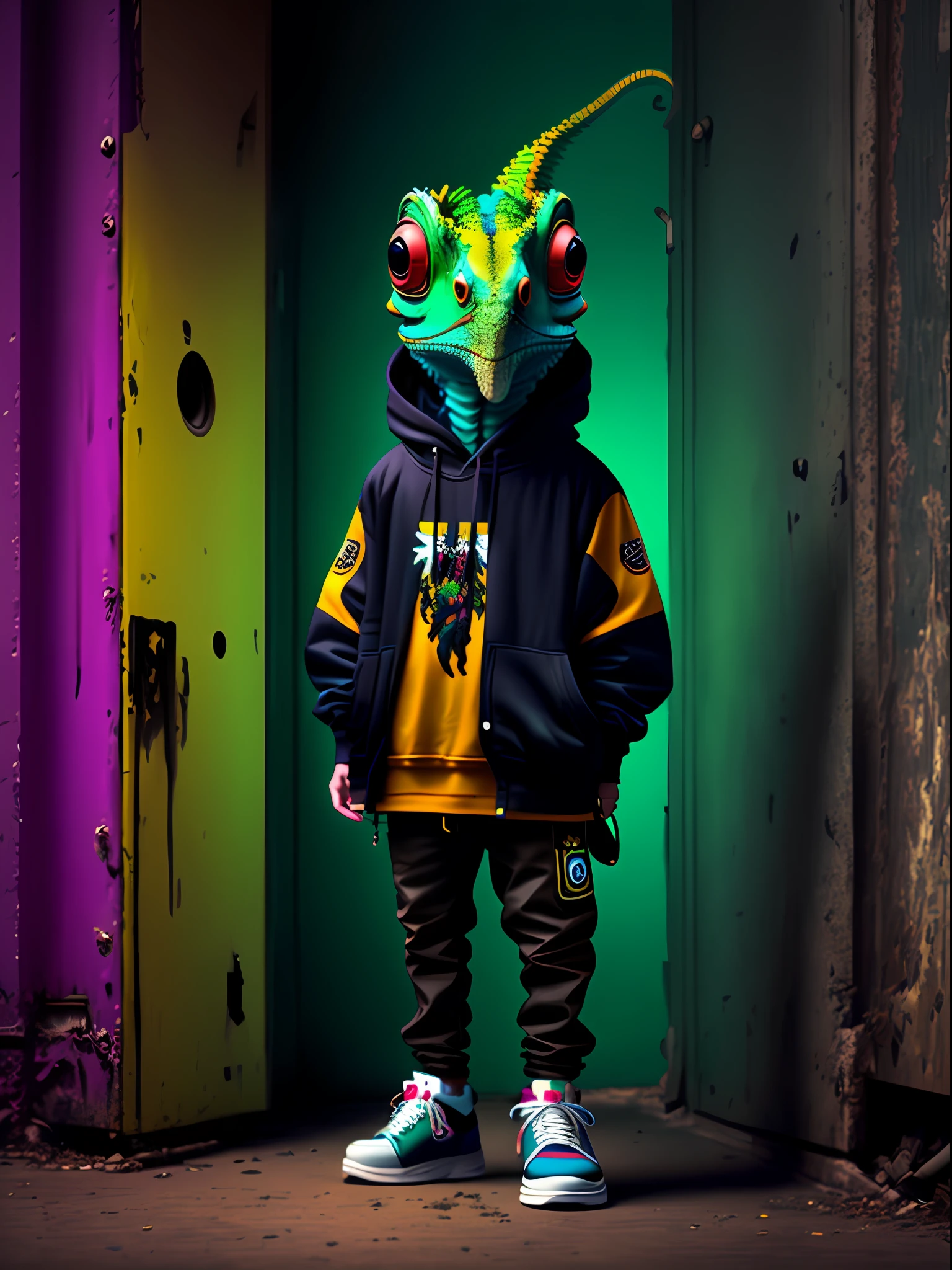 Image of a chameleon standing, wearing hip-hop style clothes, speakers, 90s style
