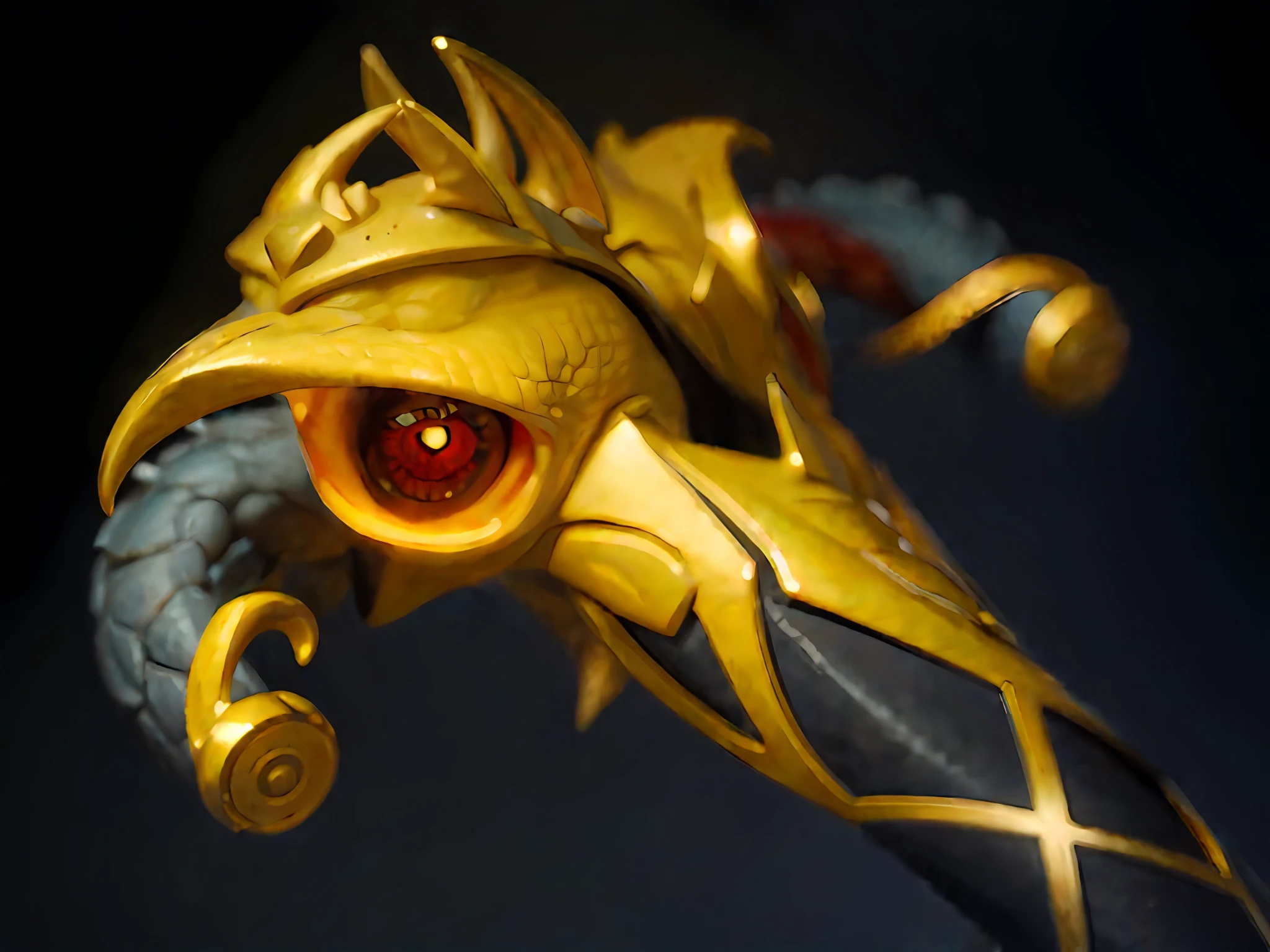 there is a close up of a statue of a dragon with a red eye, Ultra detail. Digital painting, 2 d concept art head macro shot, Fantasy Scythe, trending on polycount, artifact dota2, fantasy weapon, scythe design, epic fantasy weapon art, 4 K detail fantasy, painted in zbrush, rendered in keyshot, glowing draconic staff