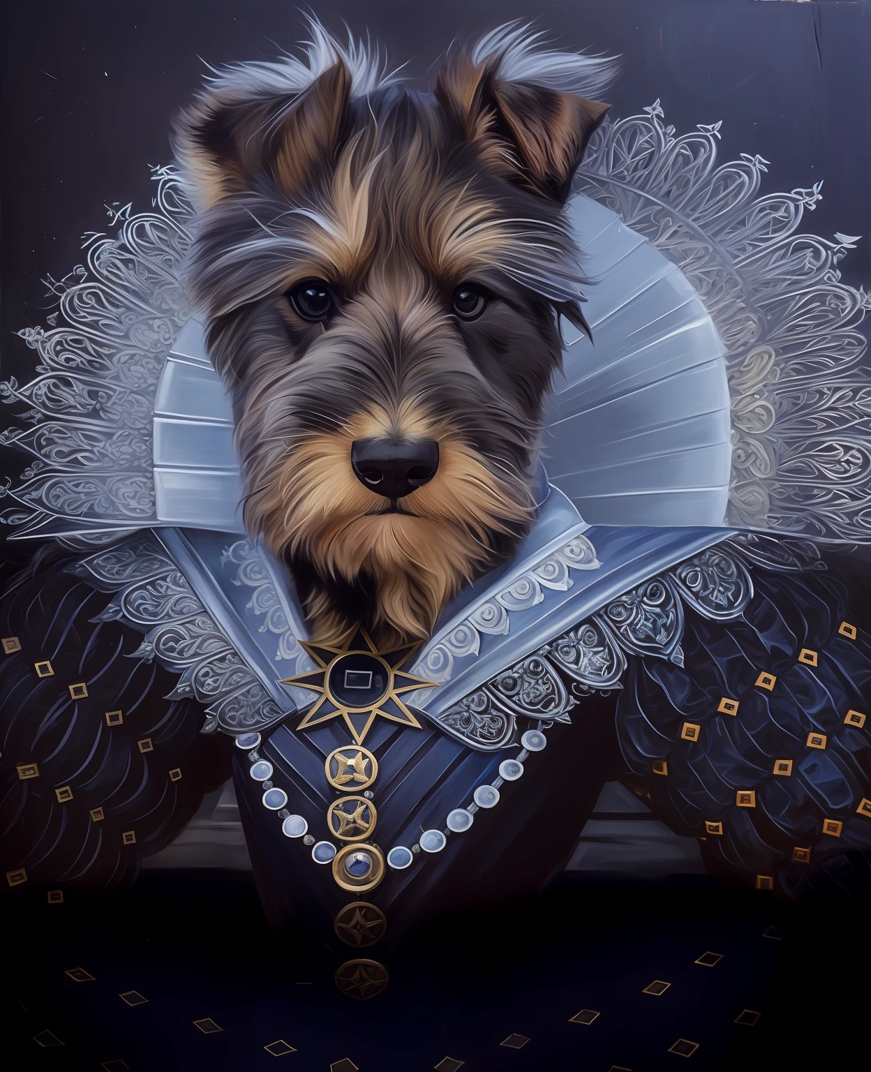 there is a dog that is wearing a dress and a collar, Majestade em roupas nobres, Retrato real, oil painting of princess vulvine, retrato altamente detalhado, Retrato imperial, retrato de alta qualidade, Directed by: Tadeusz Pruszkówski, Pintura digital barroca, Directed by: Alexandre Kucharsky, retrato ultra detalhado, retrato detalhado, Retrato pintado de Odin acidentado