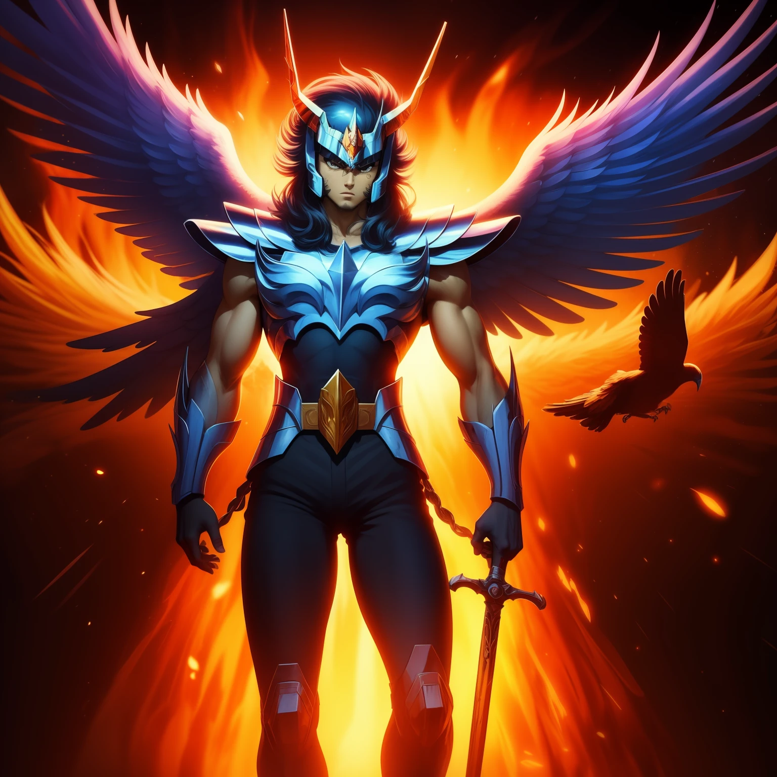 a large painting of a cartoon character with a sword and a bird on his shoulder and a fire background behind him, with a bird on his shoulder, 1boy, breathing fire, burning, embers, explosion, fiery hair, fiery wings, fire, fireworks, flame, hat, helmet, male focus, molten rock, orange sky, sky, solo, star \(sky\), starry sky, sun, sunset, (cosmo),(cosmos)