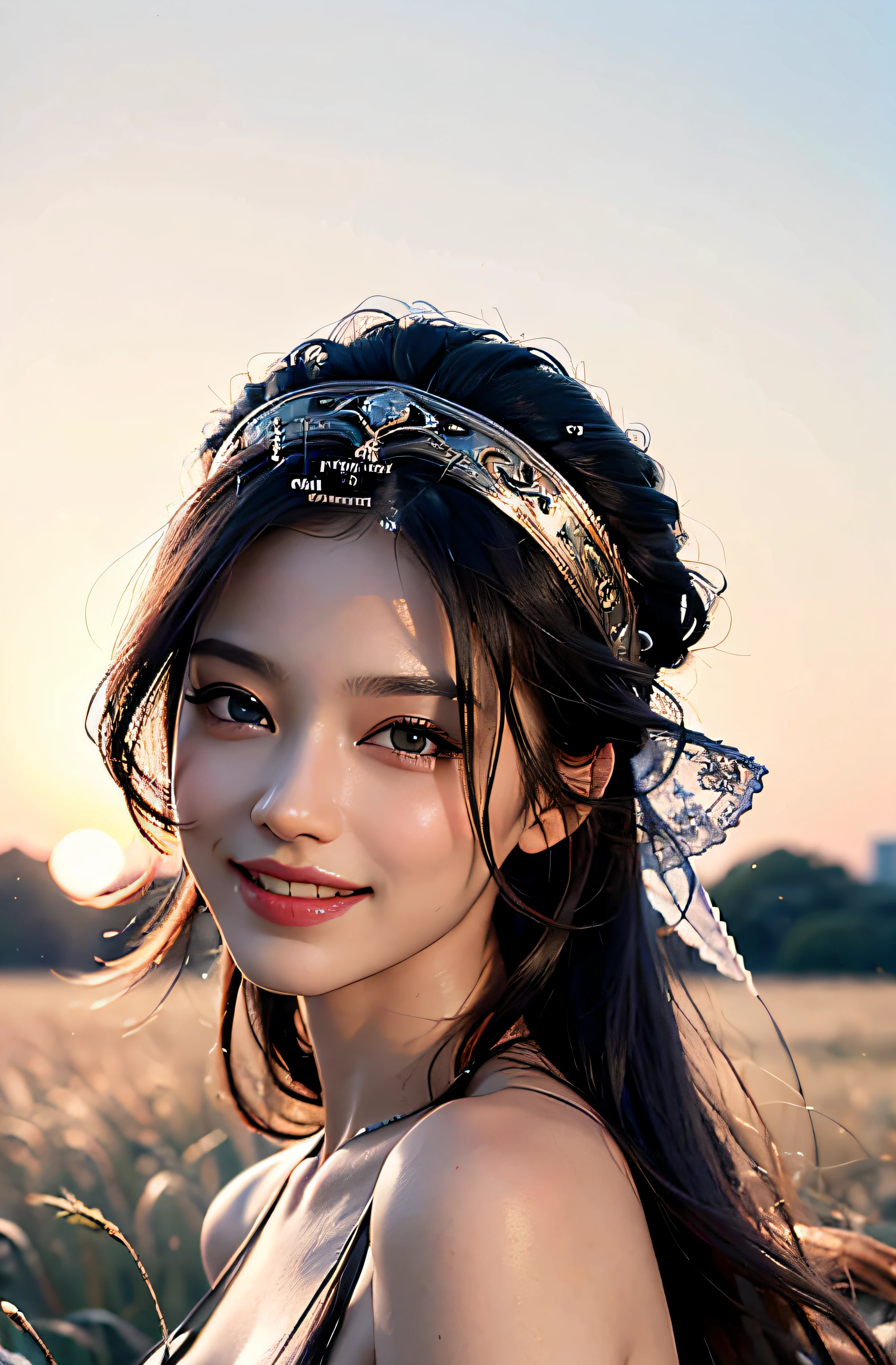 best qualtiy、​masterpiece、photoRealstic、intricate-detail、Raw foto、Photon Rendering、Octane Rendering、absurderes、ultra-detailliert、A detailed face、Detailed skin、Trending in art stations、8K Masterpiece、lighting like a movie、( (1girl in))、((独奏) ))、((Behold))、CG Social Trends、Plastic En、((Black Long Hair))、((Beautuful Women))、(A smile)、show the grinps、Upper teeth、Fashionable、summer clothing、Hair that flutters in the wind、((Flowing hair))、fashion magazine、((lighting like a movie))、((grass field))、((the setting sun))、((evening glow))、Cap cap、