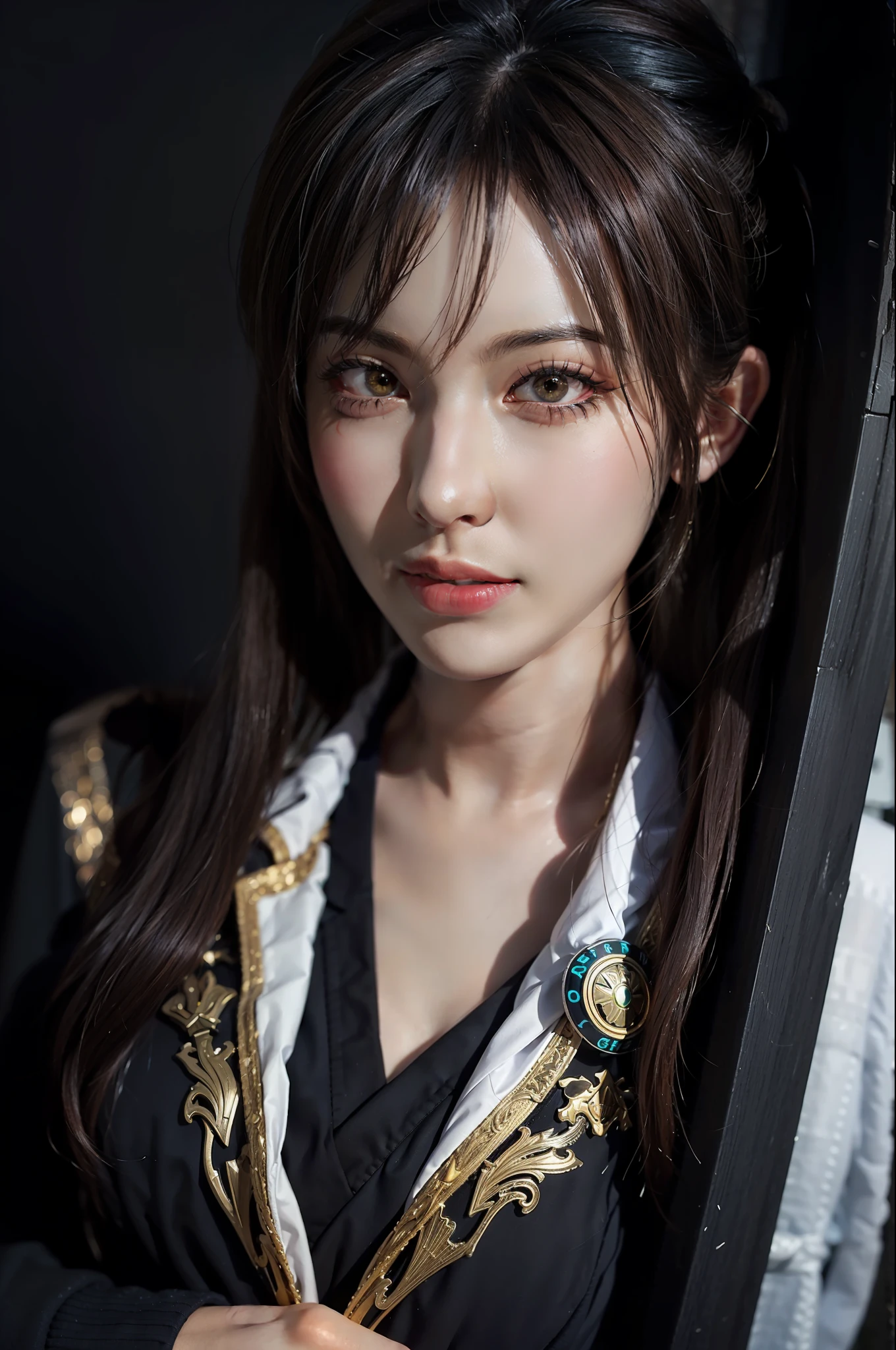 Hyperrealist portrait of female by david hockney and alphonse mucha,fantasy art, photo realistic, dynamic lighting, artstation, poster, volumetric lighting, very detailed faces, 4 k, award winning,, 1girl, in the dark, deep shadow, low key,cowboy shot,(official clothing:1.4) ,long hair,white hair,