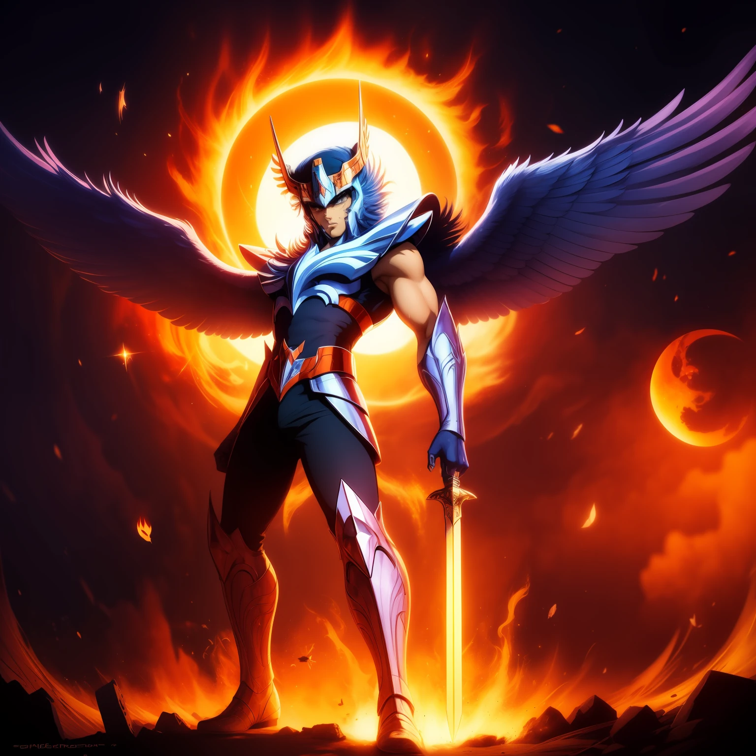 a large painting of a cartoon character with a sword and a bird on his shoulder and a fire background behind him, with a bird on his shoulder, 1boy, breathing fire, burning, embers, explosion, fiery hair, fiery wings, fire, fireworks, flame, hat, helmet, male focus, molten rock, orange sky, sky, solo, star \(sky\), starry sky, sun, sunset, (cosmo),(cosmos)