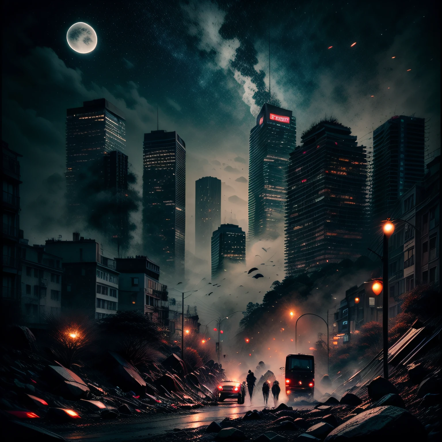 A city at night with bombing place with blue and red colors, strong colors, octane render