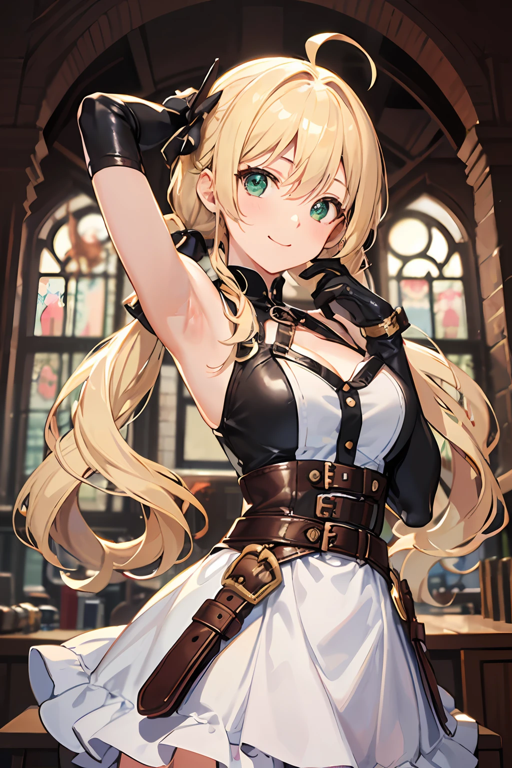 (NSFW:1.2)(best quality, masterpiece, highres,e:1.2)(kawaii)(Beautiful face)(Petite:1.4 ), ((Blonde hair:1.4),Wavy hair, Hair Between Eyes, ((low twintails:1.4)), Braids , side locks, Ahoge, flipped hair )(hair ornaments:1.2),(Green eyes:1.2) ,Steampunk, (London street fashion:1.1)engineer,(white sleeveless sundress:1.4), Belt, Bracelet , (Leather gloves:1.4)(tighstrap)(Looking up:1.2) ,Cowboy Shot,(Dynamic Angle, (close to viewer:1.2), Focus Face, fish-eye lens,(white back)),(hands on own face),light smile