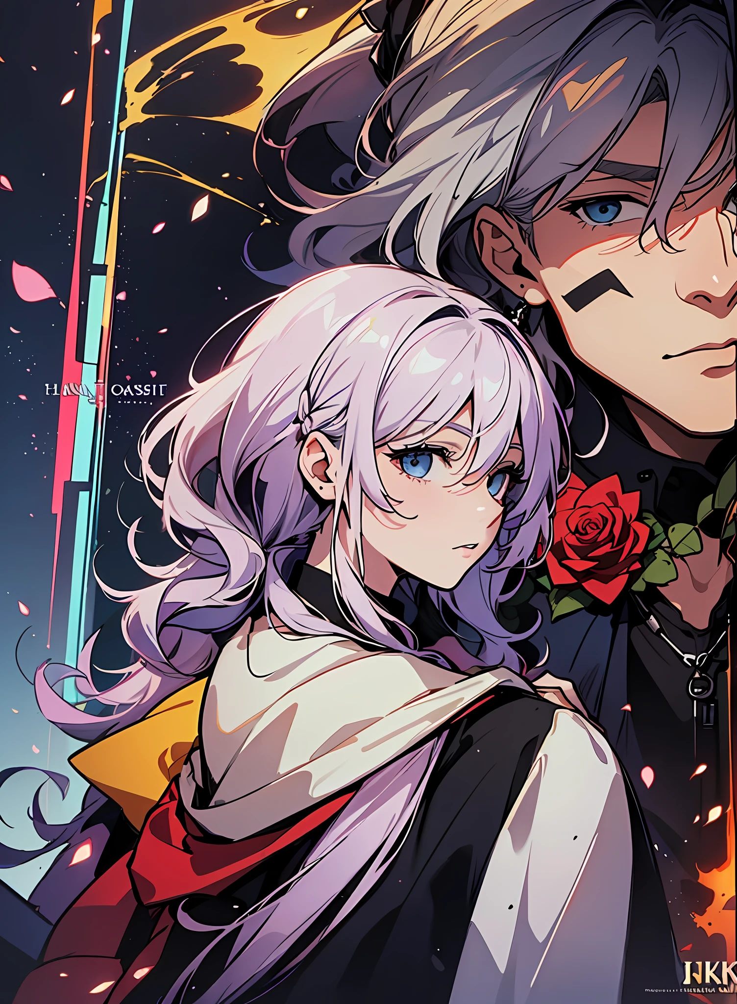 (Very detailed CG Unity 8K Wallpapers、masterpiece、beste-Qualit、An ultra-detailliert)、movie『Titanic』Heroine, Love romance、Young Kate Winslet、 Young Leonardo Wilhelm DiCaprio、a blond、Red-haired、A sexy、Bold poses、Two lovers、lovemaking、Look at each other、Being in love、cute couple、Hollywood English Posters、(((masterpiece)))、Art Station Style、animated cartoon、love、nobles、4k、8k、16k、UHD、Shorts Hair、Landscape of Roses、Water color color on background
