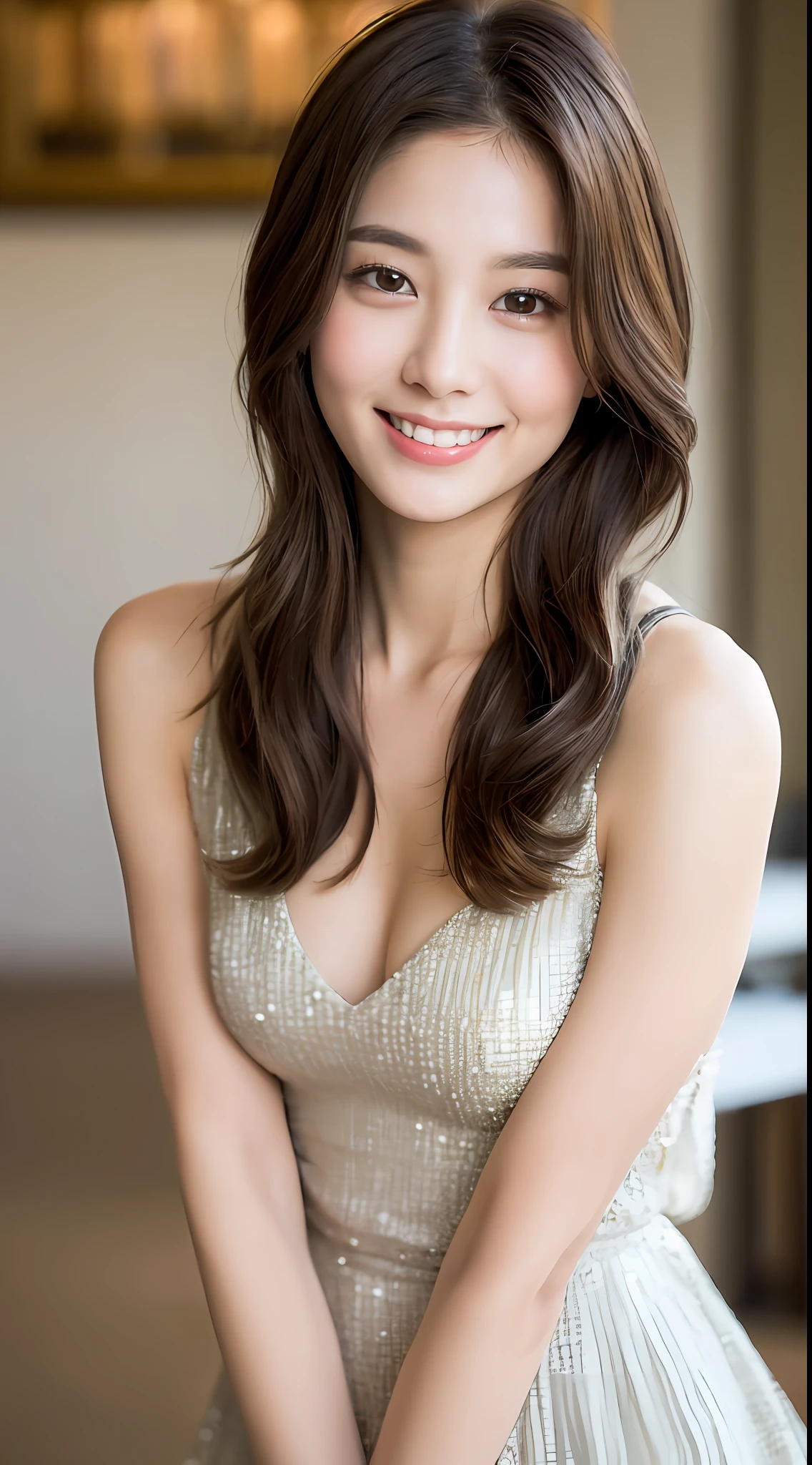 ((Best Quality, 8K, Masterpiece: 1.3)), 1 Girl, Slim Abs Beauty: 1.3, (Hairstyle Brown Hair Shortcut, Big: 1.2), Dress: 1.1, Super Slender Face, Delicate Eyes, Double Eyelids, Smile, Home, Raw Photo