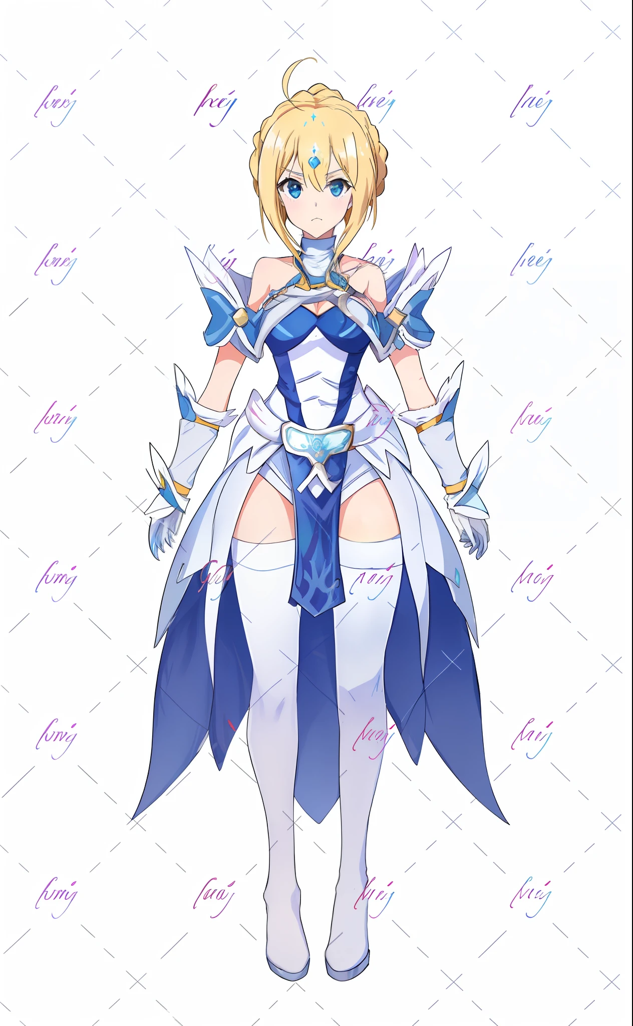 a cartoon picture of a woman in a blue and white outfit, Artoria Pendragon, aqua from konosuba, knights of zodiac girl, Costume with blue accents, bikini armor female knight, blue and ice silver color armor, Ice crystal armor, anime woman fullbody art, anime style like fate/stay night, pale blue armor, Portrait Chevaliers du Zodiaque Fille