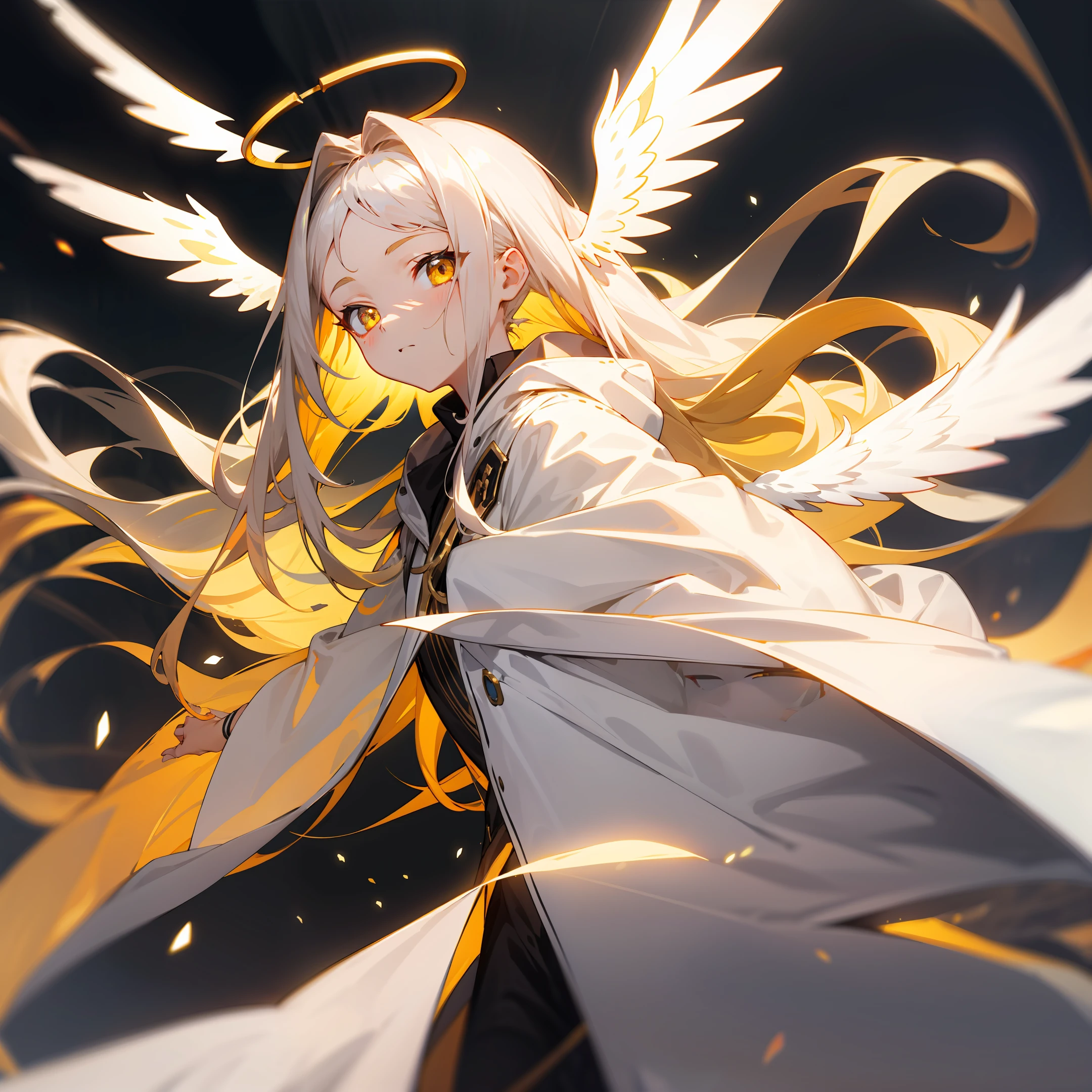 Need,tmasterpiece,whaite hair,Golden eyes,white coats,Overlooking,The upper part of the body,Hairline,Fair skin,Golden halo,White wings,teens girl