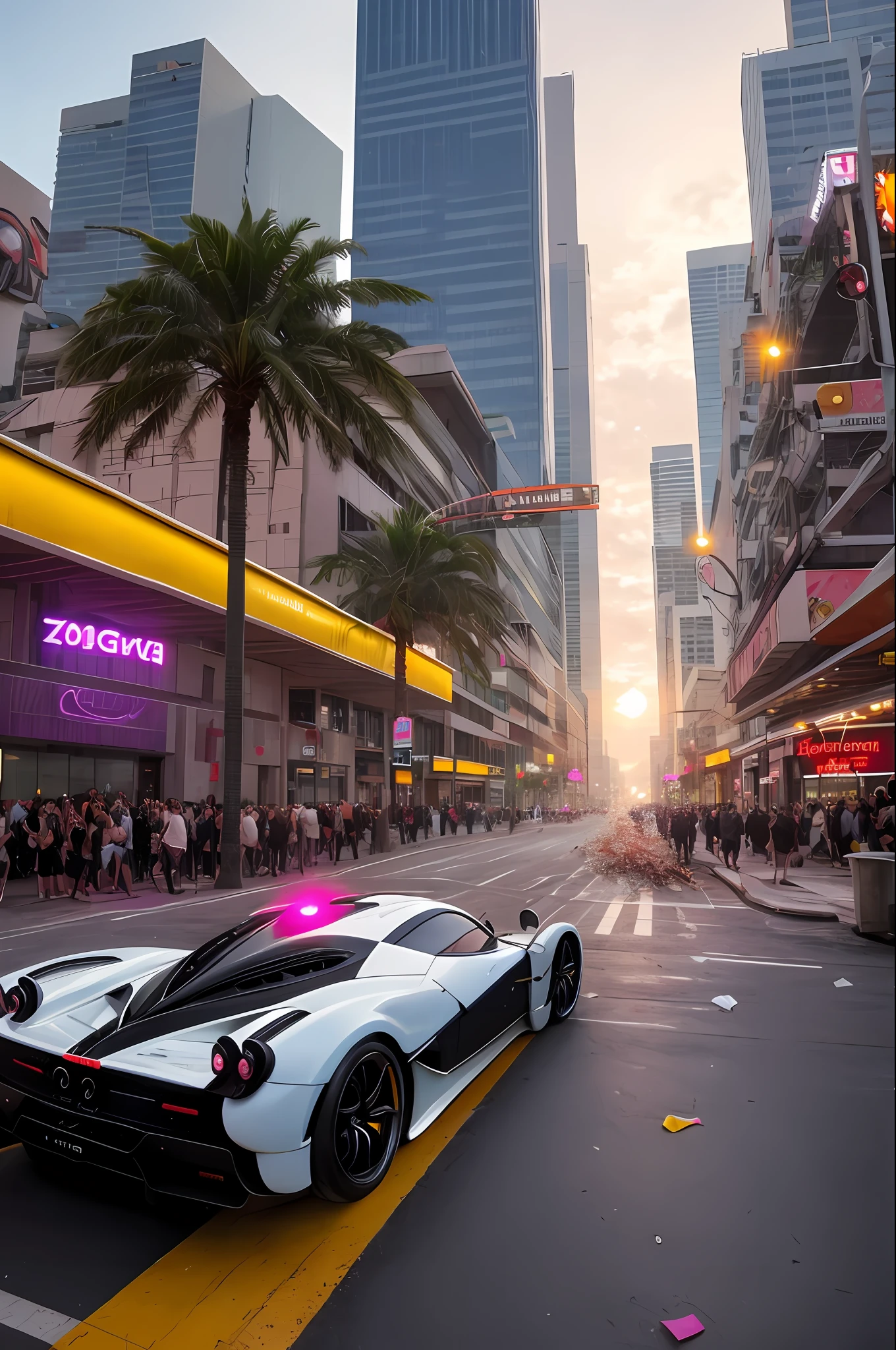 sunny day bright beautiful overcast sky sunset sports car ((PAGANI ZONTA))running down cyberpunk Miami city streets neon signs and crowds confetti debris dust wind volumetric fog exciting epic action camera, (obra-prima: 1.2) (fotorrealista: 1.2) (bokeh) (melhor qualidade) (pele detalhada ) (intricado) (8k) (HDR) (cinematic lighthing) (foco nítido)