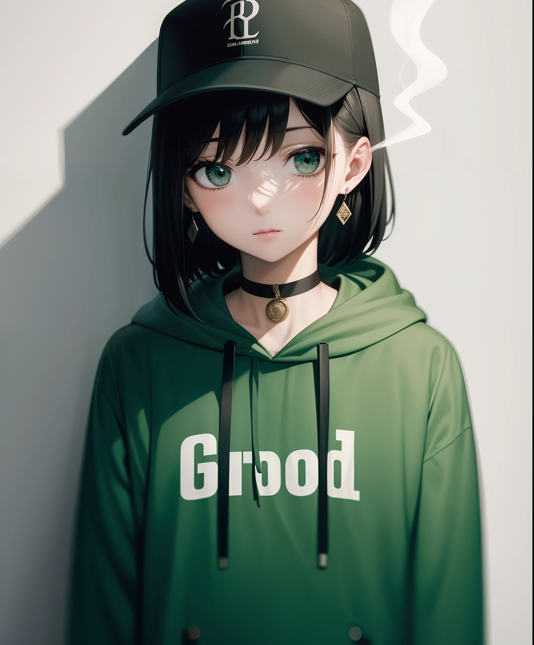 Graffiti, 1girl, solo, hood, leaf, hoodie, jewelry, hat, earrings, black hair, cigarette, hood down, medium hair, upper body, baseball cap, looking at viewer, green eyes, drawstring, green headwear, choker, smoking, green hoodie