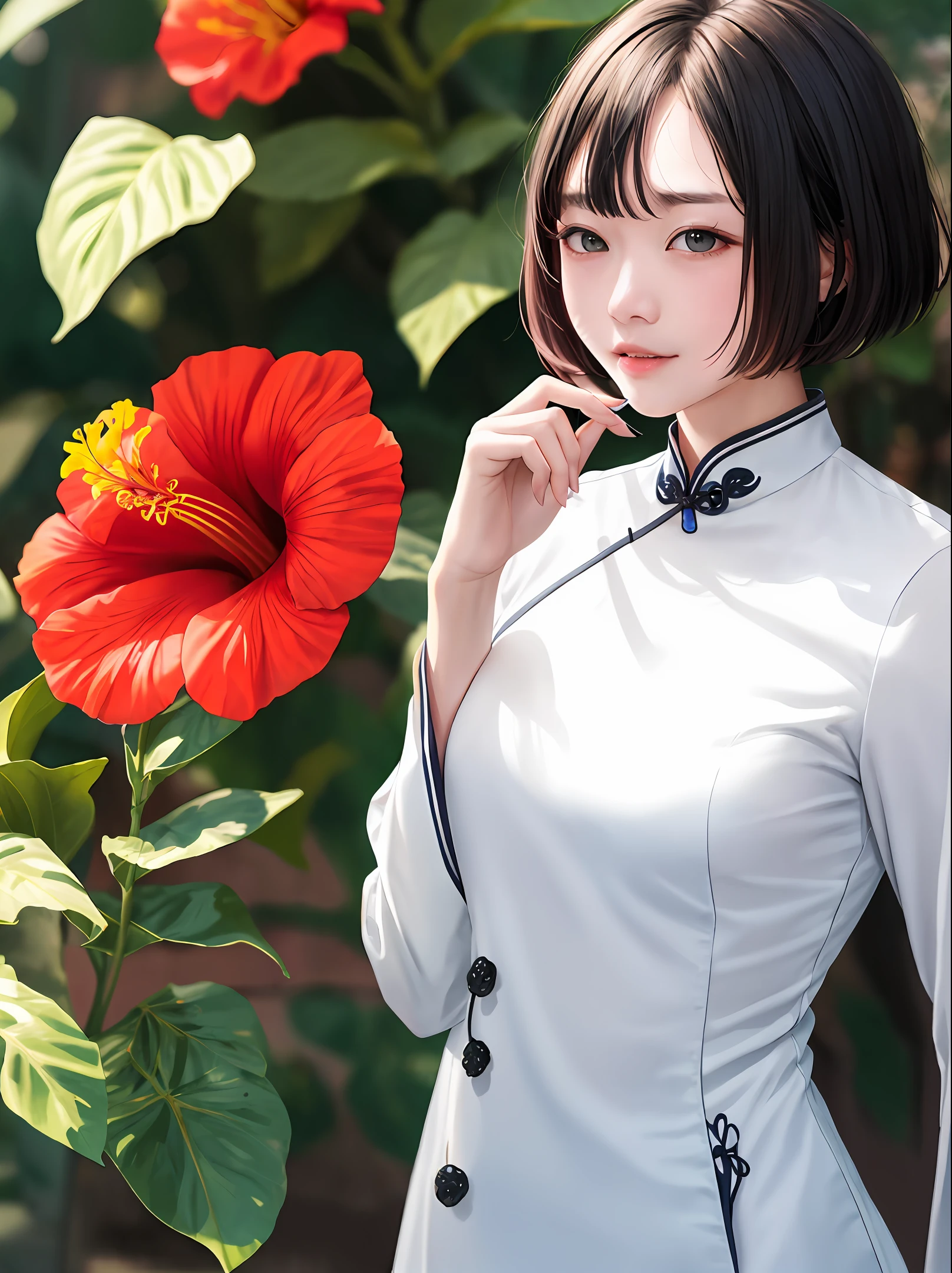 white coats，republic，Cheongsam upper body，bob-cut hair，Gentle temperament，Beautiful as a fairy，Hibiscus out of the water，