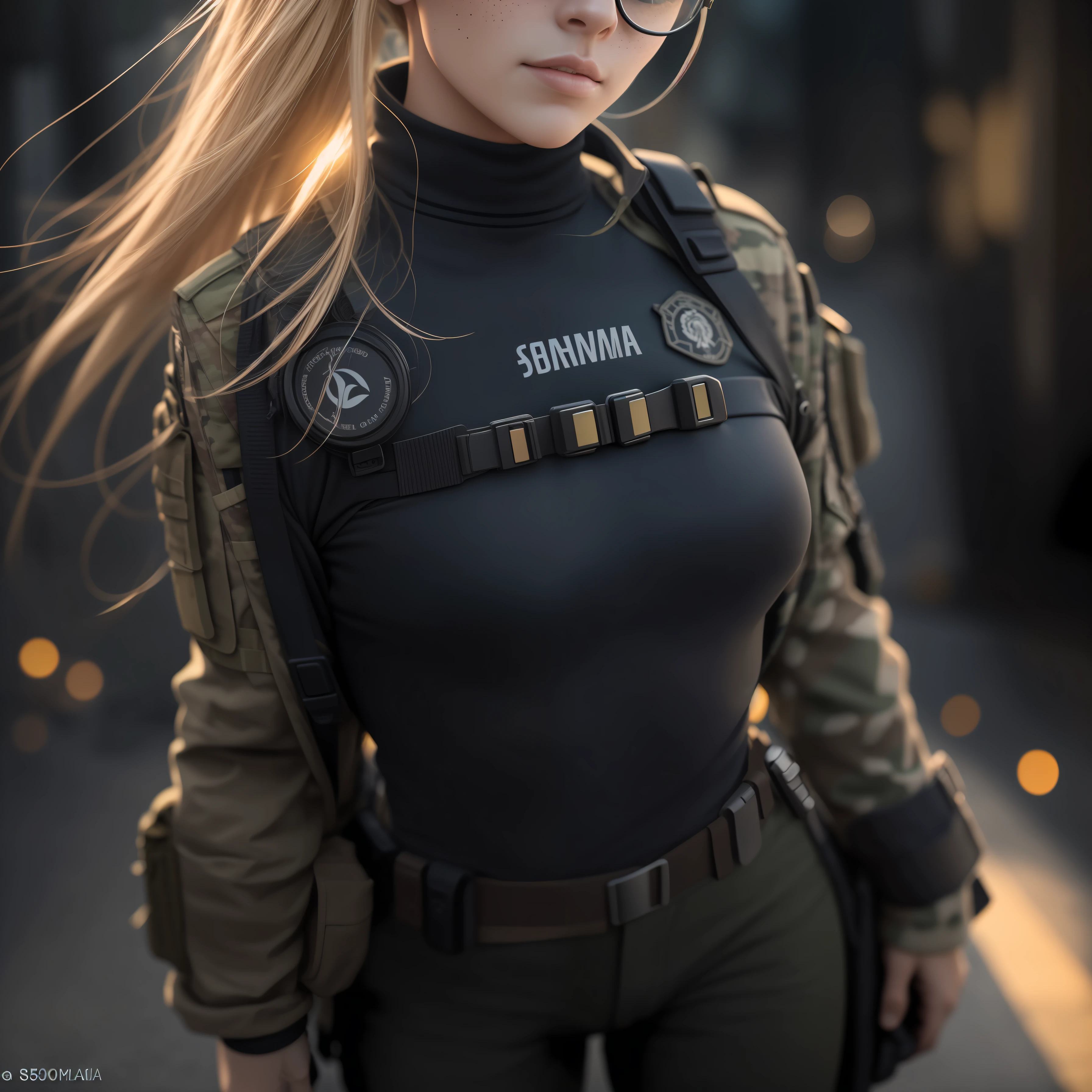 Cammy branco (Lutador de rua), olhos cinzas, cabelo blondie cinza ponytail, pale skin and freckles, soft and beautiful lips, Aviator glasses with yellow transparent lenses, wearing tactical black baselayer, military office pants, coturno preto tratorado, portando um fuzil de assalto M4A1, Preparando-se para atacar e emboscar, ruas de Moscou em guerra. Noite sob luz das ruas. Luz Natural, poor lighting, fotorrealista, disco Rigido, 8k, obra prima, hard driveR, ....RAW, Olhando, Aerial focus, Canon EOS R5, mola a 50mm | |, F/2.8, HDR, Action Pose, corpo inteiro