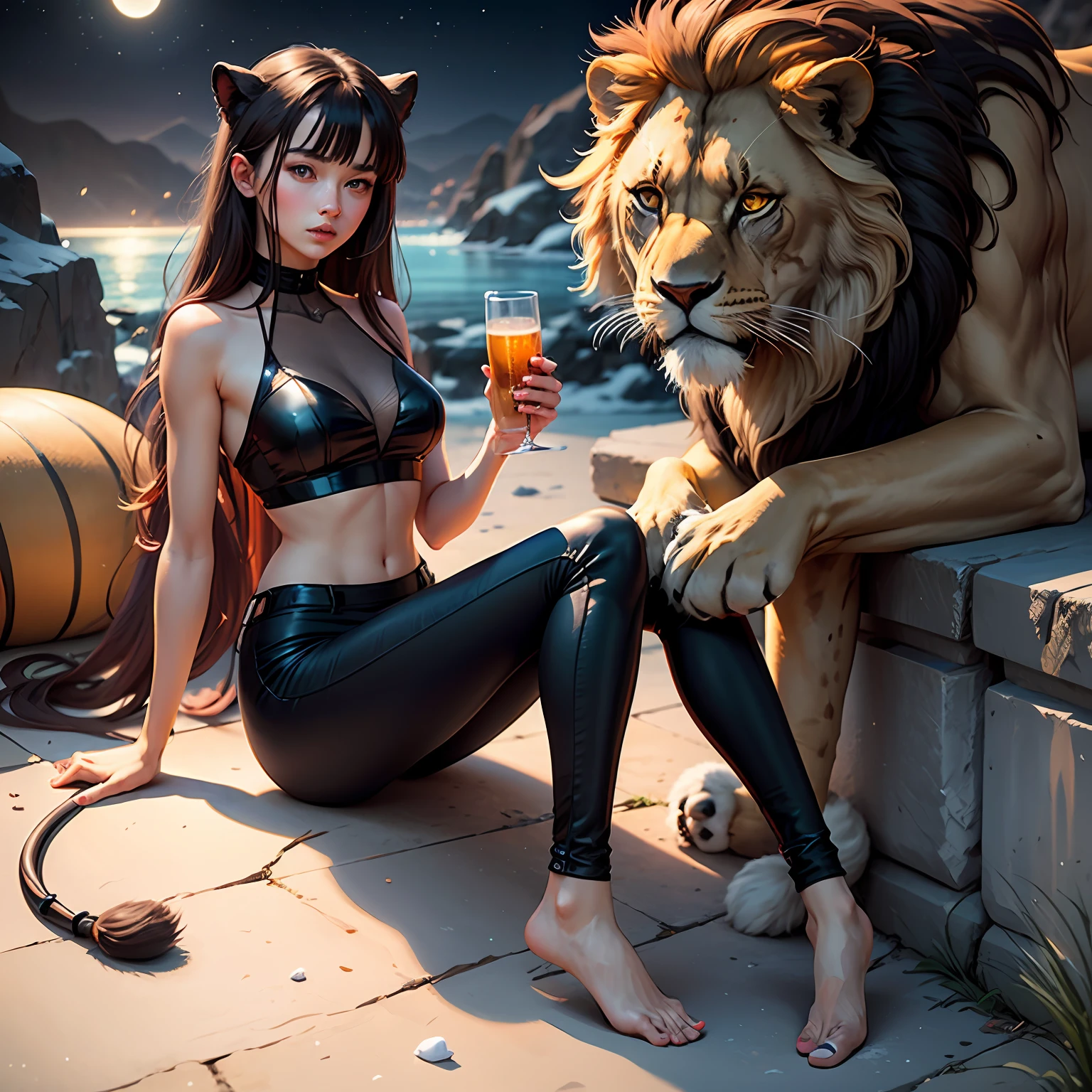 Ice lotus,the Lion,Kizi,Red pupils,the night ,brunette color hair,Does not show your figure,black-clad,Black pants,The barefoot,Hold the lion