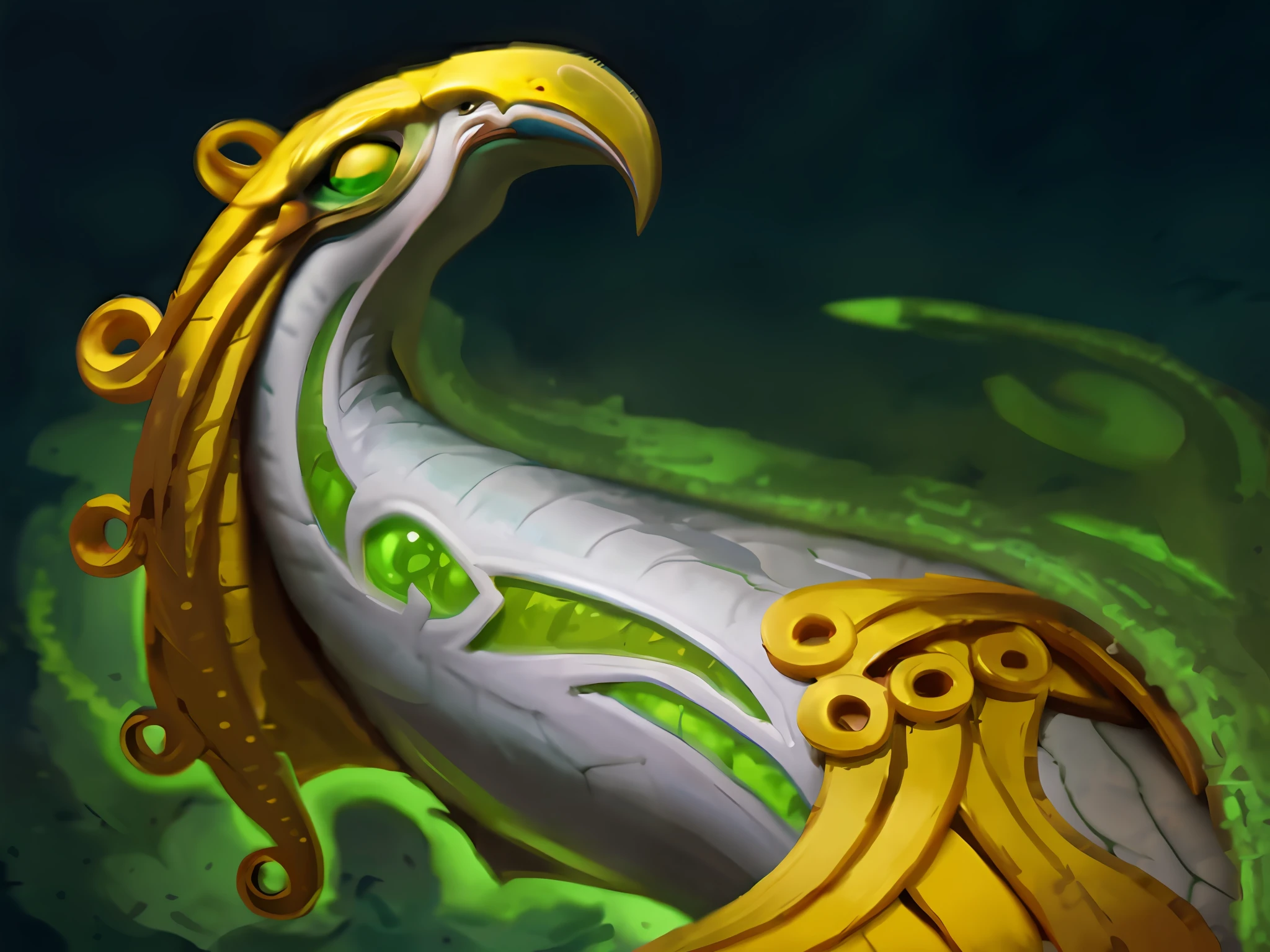 Stylized eagle head with a gold crown on his head, A close-up of a bow and arrow part, nagas, Avatar image, a druid, ethereal eel, gold green creature, astri lohne, stylised painting, painted in the style arcane, emerald herald, inspired by Luo Mu, sarenrae, mage robe based on a toucan, brown tanned skin