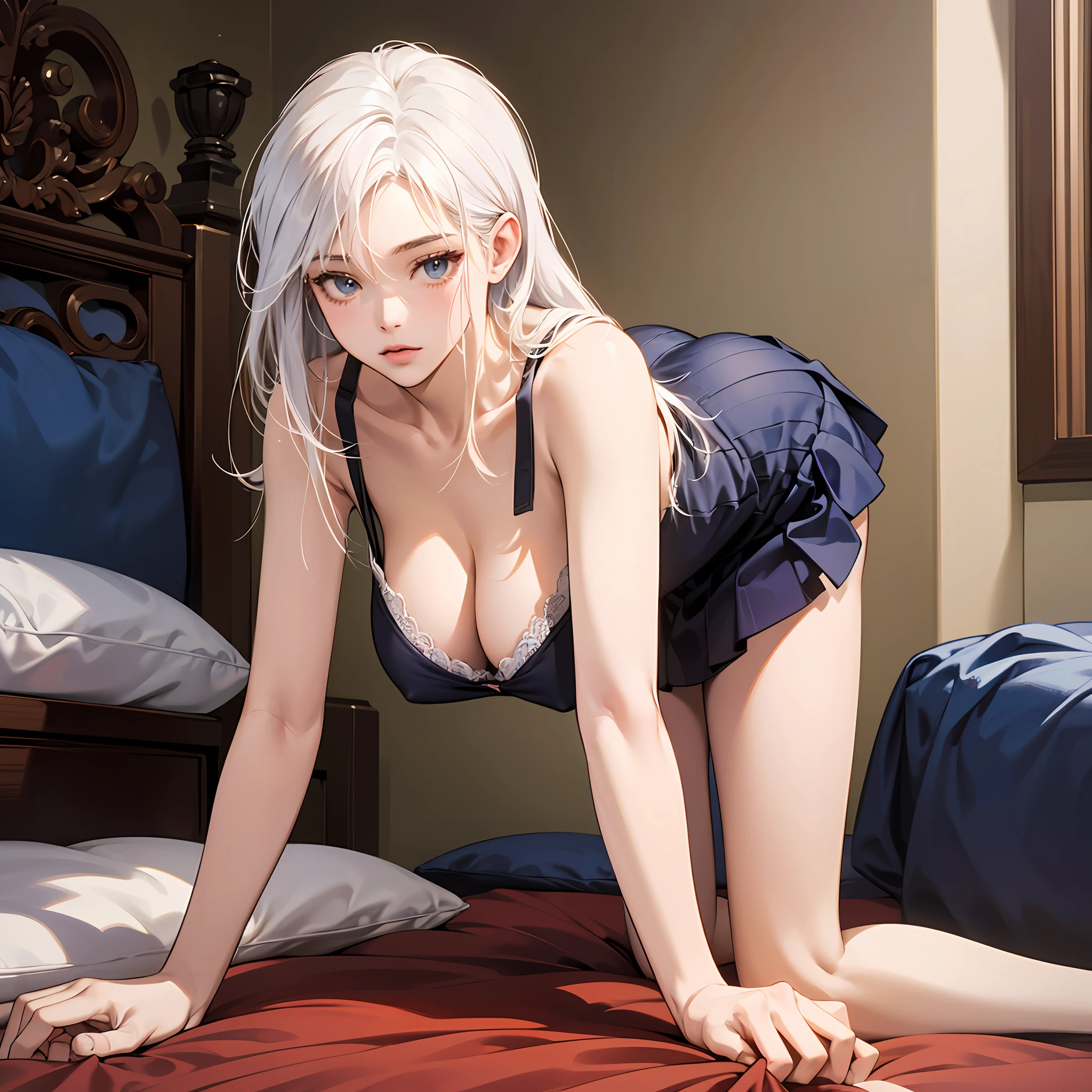 high resolution, highest quality, super high quality, super detail, ultra realistic, photorealistic, anime, illustration, super cute woman, all fours, front-down, unkempt medium white hair, huge breasts, perfect proportion, bedroom, from behind, --auto