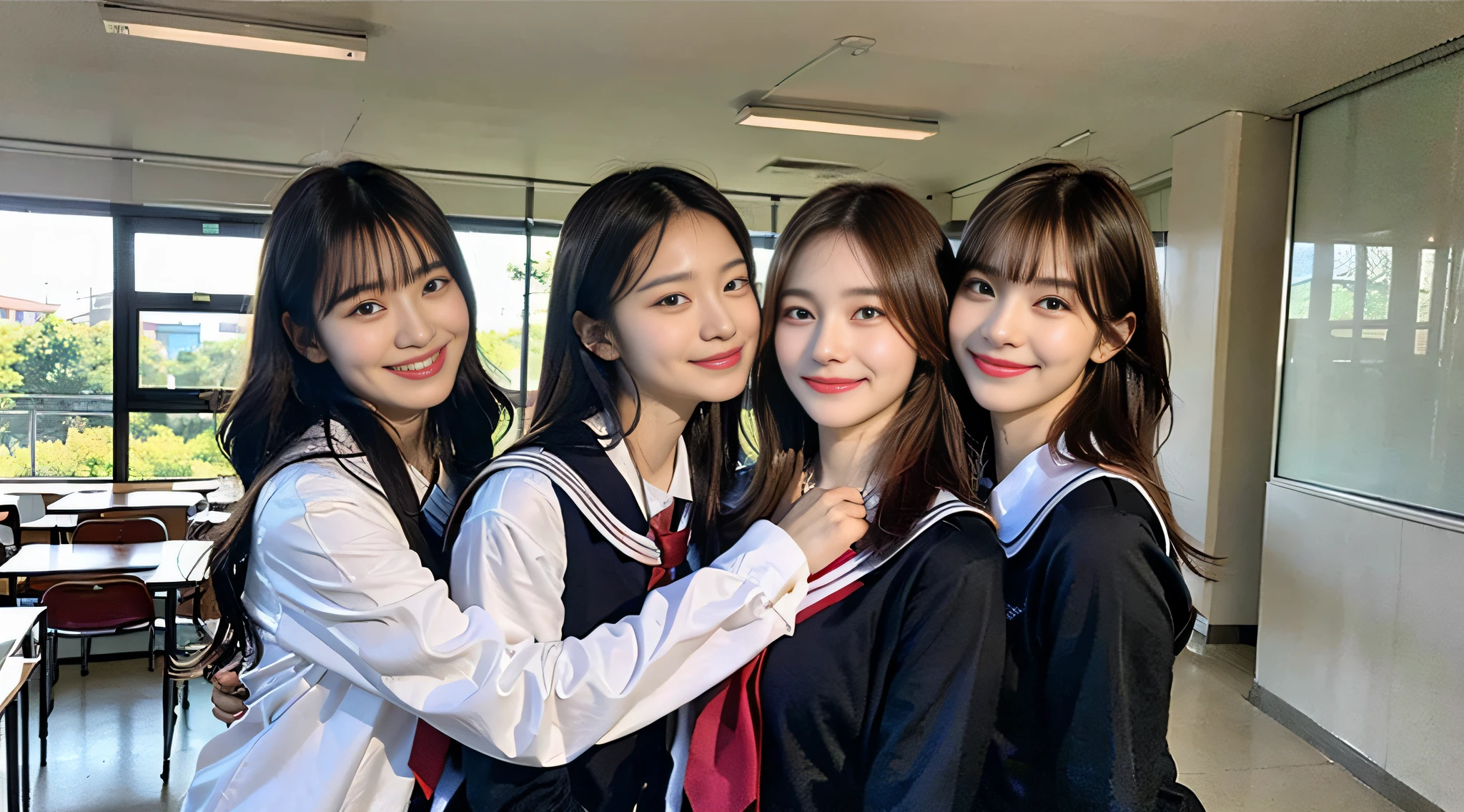 (8K、Raw photography、finely best quality、masterpiece:1.2)、ultra-detailliert、ultra res、(realisitic、Real Photographics:1.47)、(Hugging each other)Leaning closer、(Fantastic lighting)Hugging、电影灯光、de pele branca、Fair-skinned female proofreading、An ultra-high picture quality、Beautiful blue sky lighting、Beautiful female proofreading reflecting in light、amazing detailed、Beautiful girls in very detailed、Faces with different patterns、Different face patterns、Each hairstyle has its own characteristics、Farbe々Hairstyle、Farbe々Hair color、Circle of Angels、Having a conversation in a classroom at school、Brown hair shining in the light、One has a ponytail、、Modern cute high school girl、very detailed faces very detailed eyes、Very realistic skin、 extremely detailed fingers, highly detailed nose, highly detail mouth, perfect anatomia, Highly detailed sailor suit、highly detailed back ground,After school、Smiling school girls are gathered in the hallway of the school。They are hugging each other in uniform、Light from bright windows illuminates the classroom、The details of their hair and uniforms shine through.。, famous Japan idol, cute little, Realistic body, de pele branca, glistning skin, Slim body, Long straight hair, (Blunt bangs:1.2), two young women in school uniforms hugging each other in a hallway, two japanese schoolgirls posing, nixeu and sakimichan, TWICE, Seifuku, sakimichan, JK Uniform, wearing japanese school uniform, promo still, Larisa Manobal, Japan school uniform, japanese girl school uniform, alena aenami and lilia alvarado