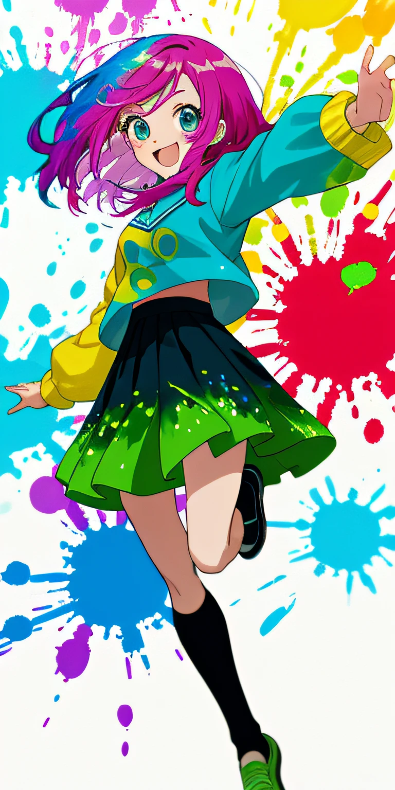 Cute Anime Girl, Colourful Splashes, jumping pose with colourful hair and clothes and paint in her face