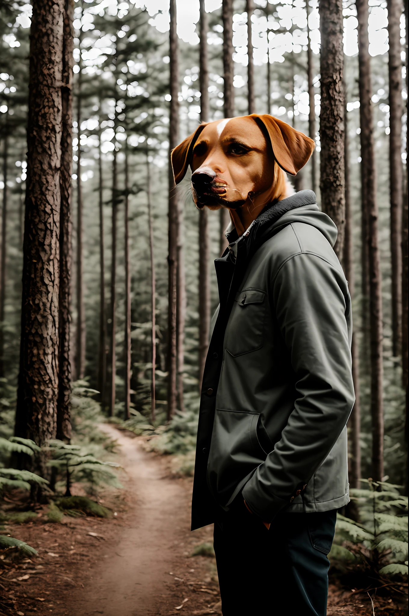 RAW photo, a portrait photo of 55 y,Dog head,mtu, traveling clothes,bucktooth, Standing in the forest, Natural skin, 8K UHD, High quality, filmgrain, Fujifilm XT3