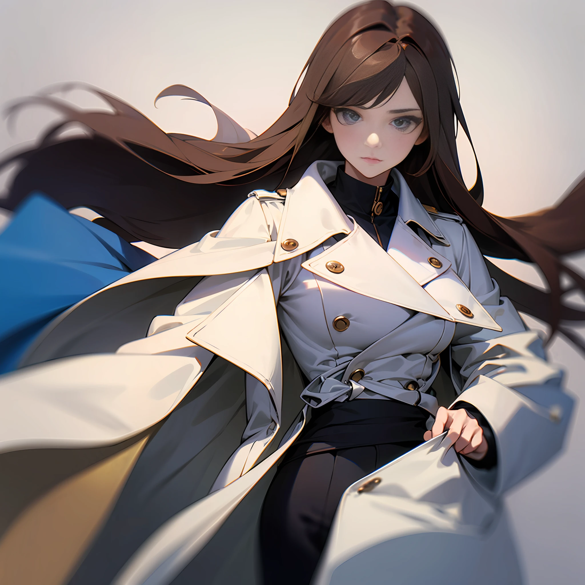 Brown hair White trench coat,Not serious --auto