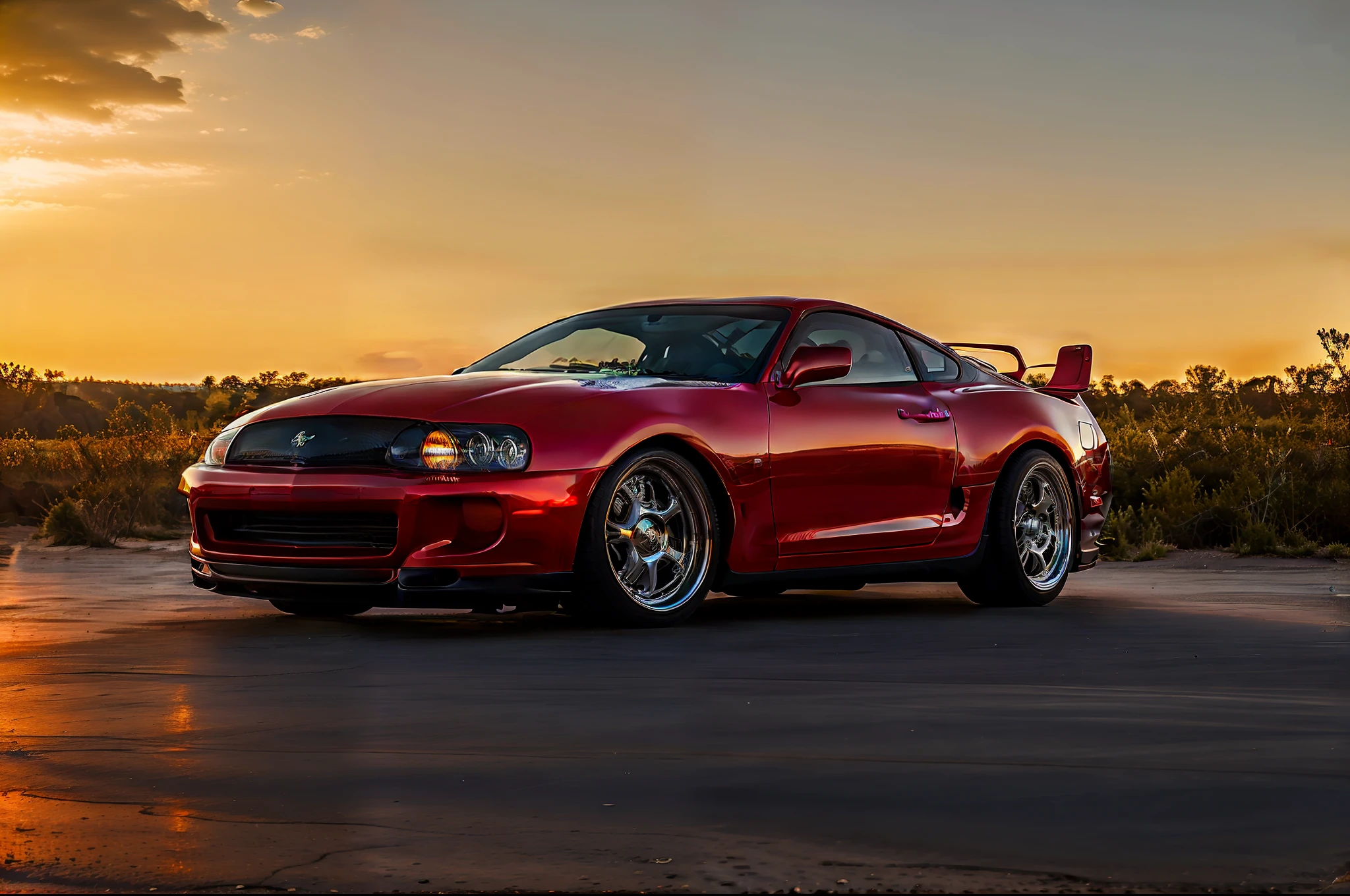 (nvinkpunk:1.2) (estilo snthwve:0.8) VAL1 mustang VAL2, lightwave, sunset, intrincado, altamente detalhado