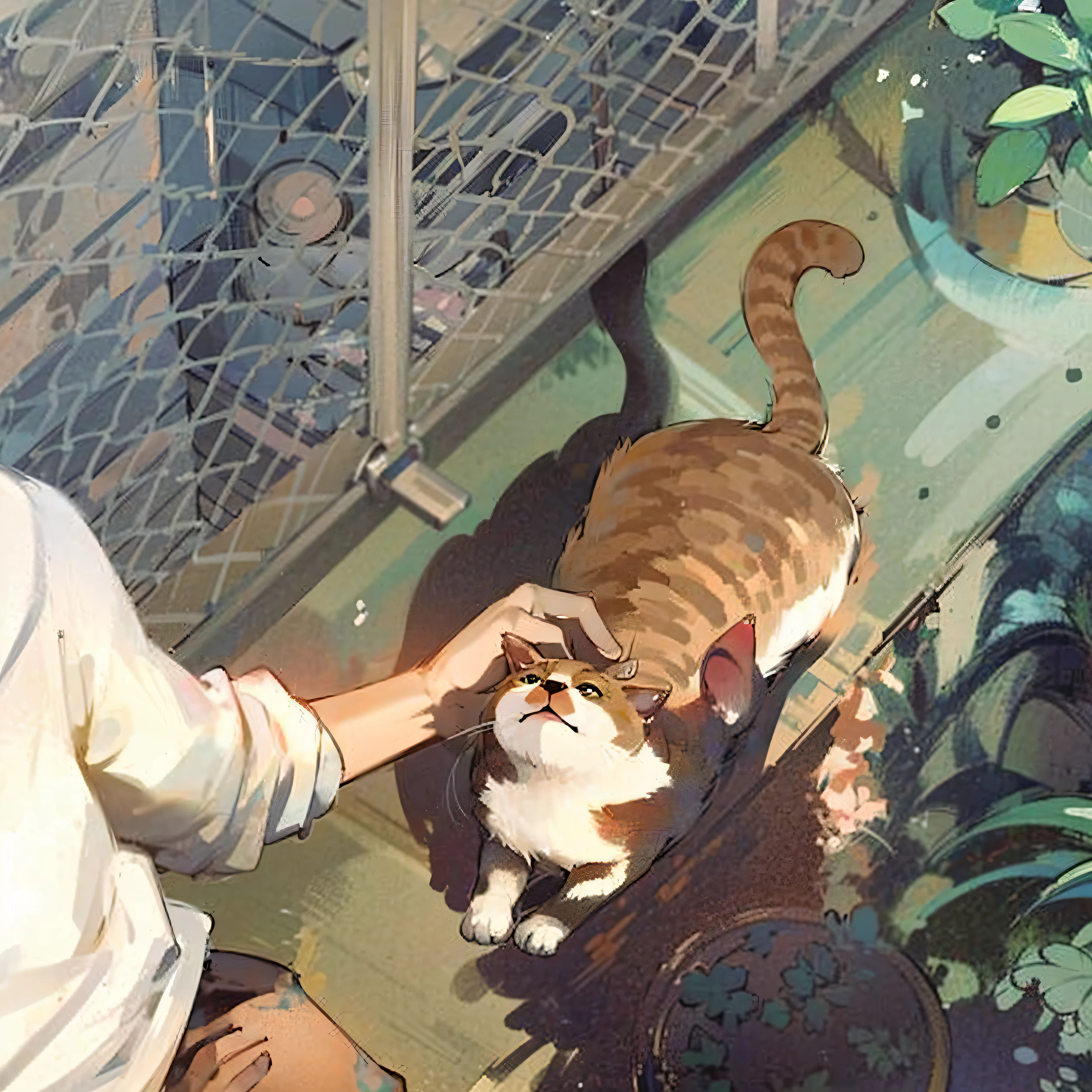 painting of a cat being pet by a person in a cage, ( ( Makoto Shinkai ) ), Makoto Shinkai's style, Makoto Shinkai. High detail, Lofi art, Guweiz e Makoto Shinkai, By Makoto Shinkai, By Makoto Shinkai, studio glibly makoto shinkai, lofi --auto