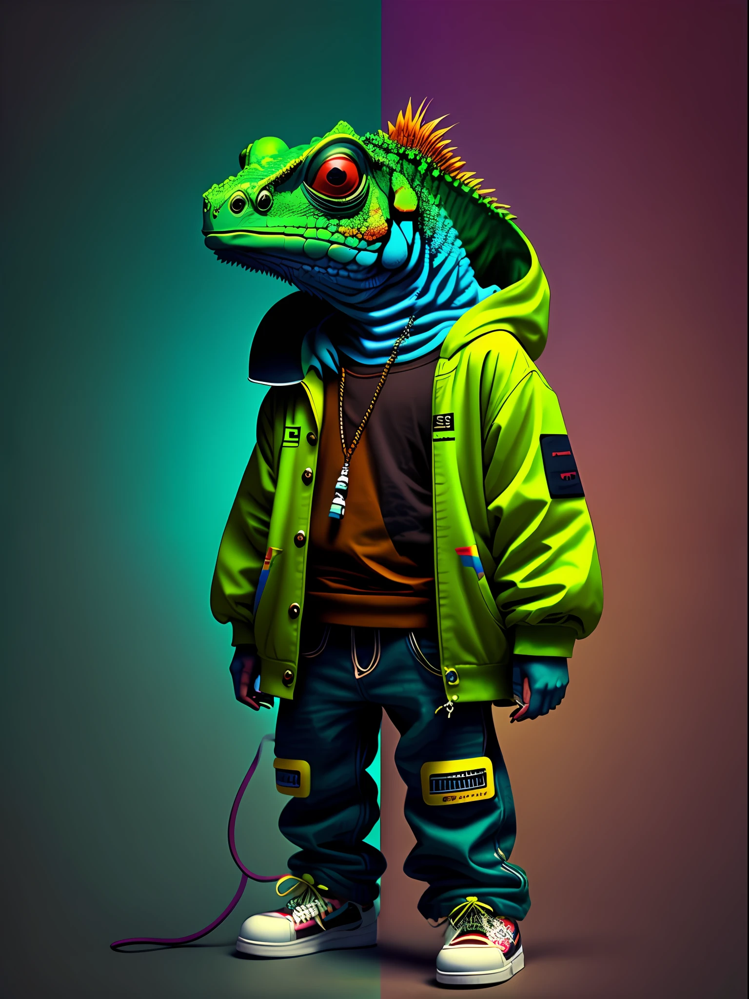 Image of a chameleon standing, wearing hip-hop style clothes, speakers, 90s style