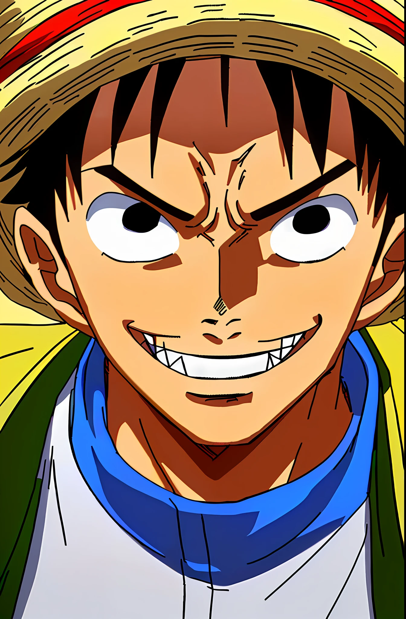 1boy, wanostyle,Vegeta, smiling, straw hat, looking at viewer, solo, upper body, ((masterpiece)), (best quality), (extremely detailed), depth of field, sketch, dark intensive shadows, sharp focus
