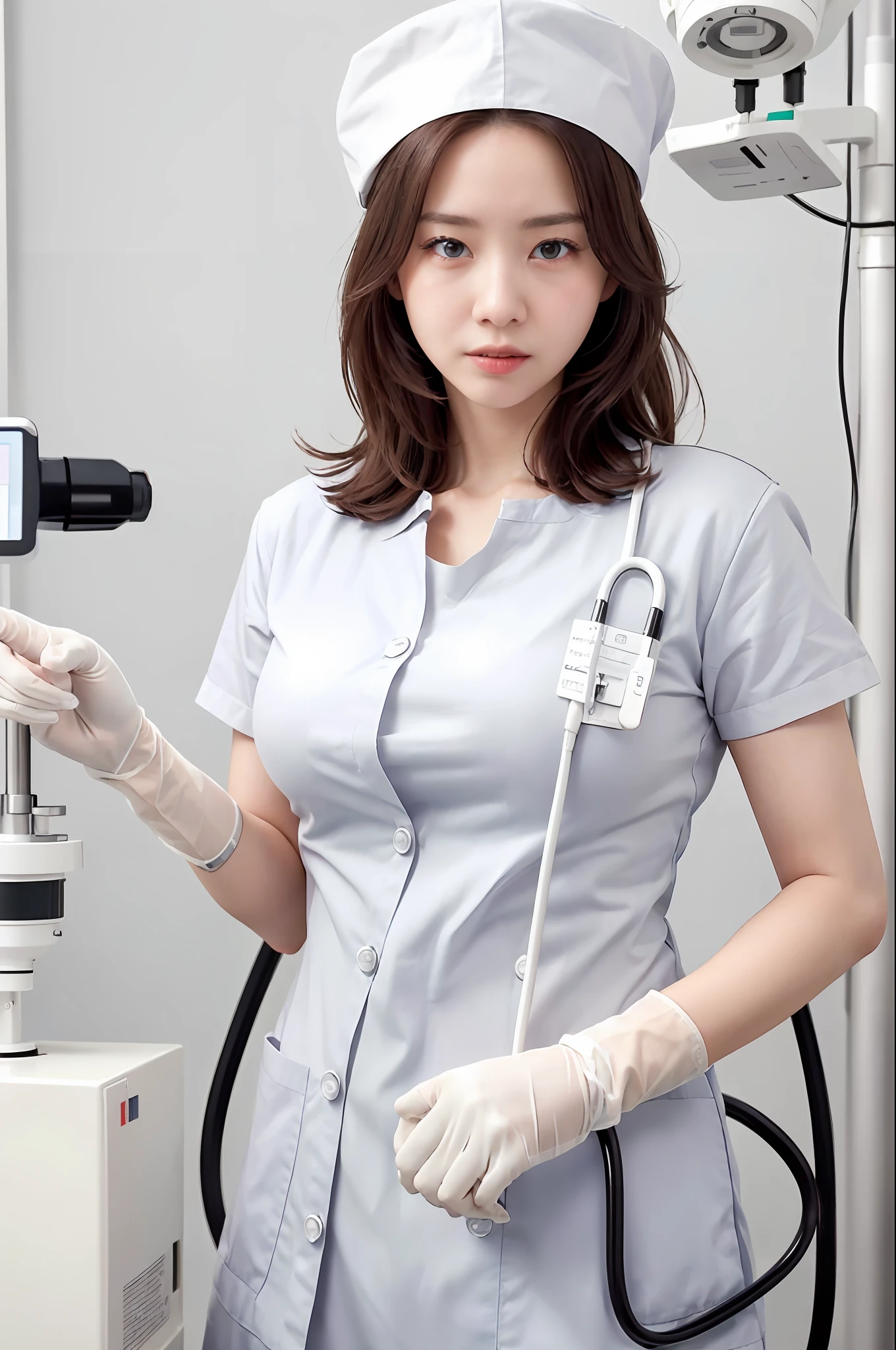 (RAW photo, best quality), (realistic, photo-realistic:1.3), wide angle photo, masterpiece, 1girl, cute, young, (upper body:1.3), realistic face, standing, studio lighting
in hospital operating room, surgical gloves, medical equipment, anesthesia machine
(((White))) nurse uniform smooth, nurse, nurse hat, stethoscope  Dr. She