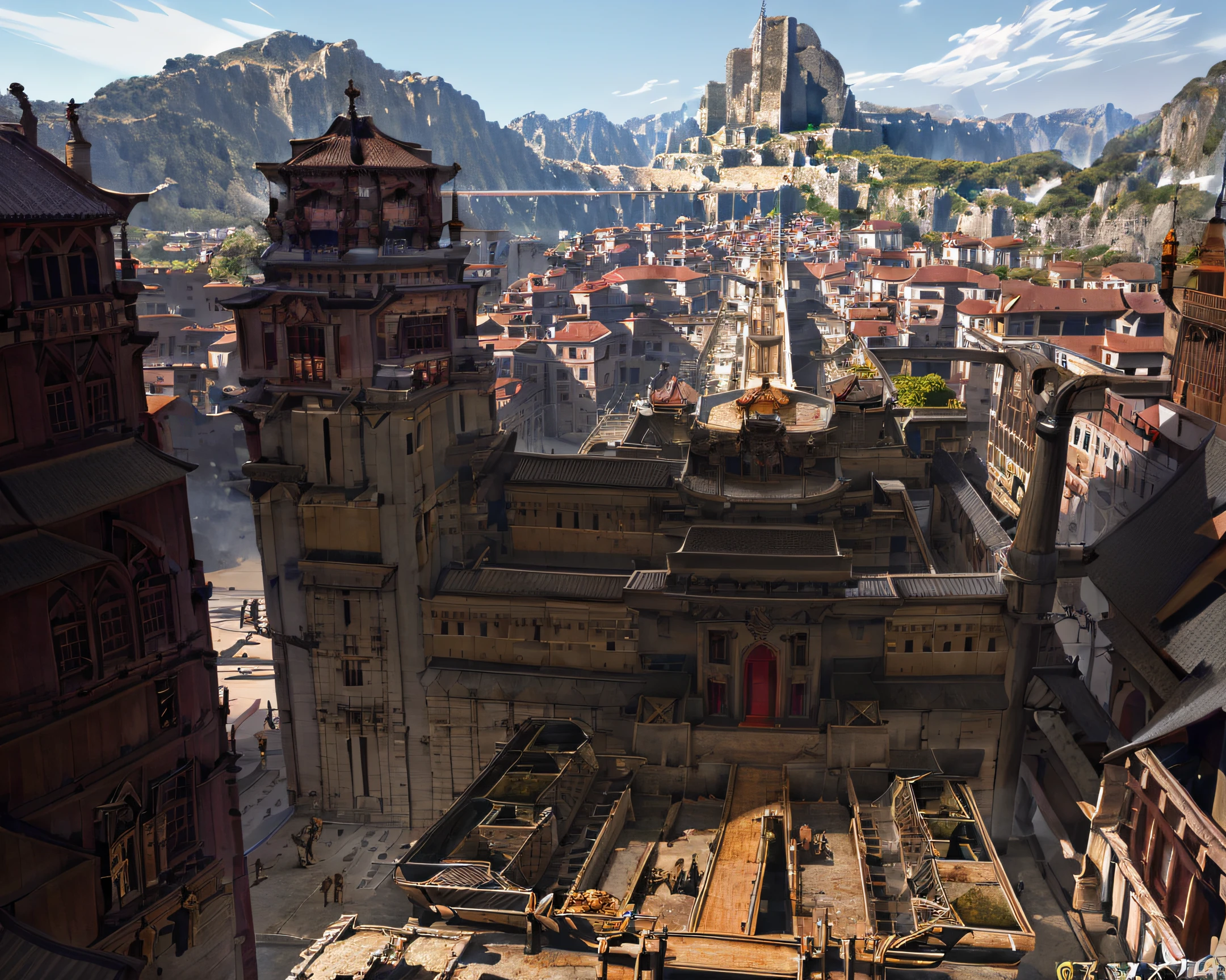 Plan of a developed medieval city road, busy, well detailed, modern architecture, sun illuminating, shaders, 4K, ultra realistic, RTX, cinematic, RAW