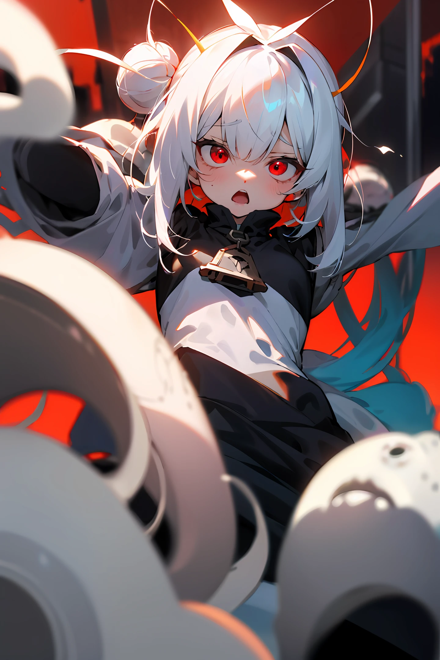 Poor milk，full bodyesbian，whaite hair，Red eyes，roll eyes back，gasps，small loli