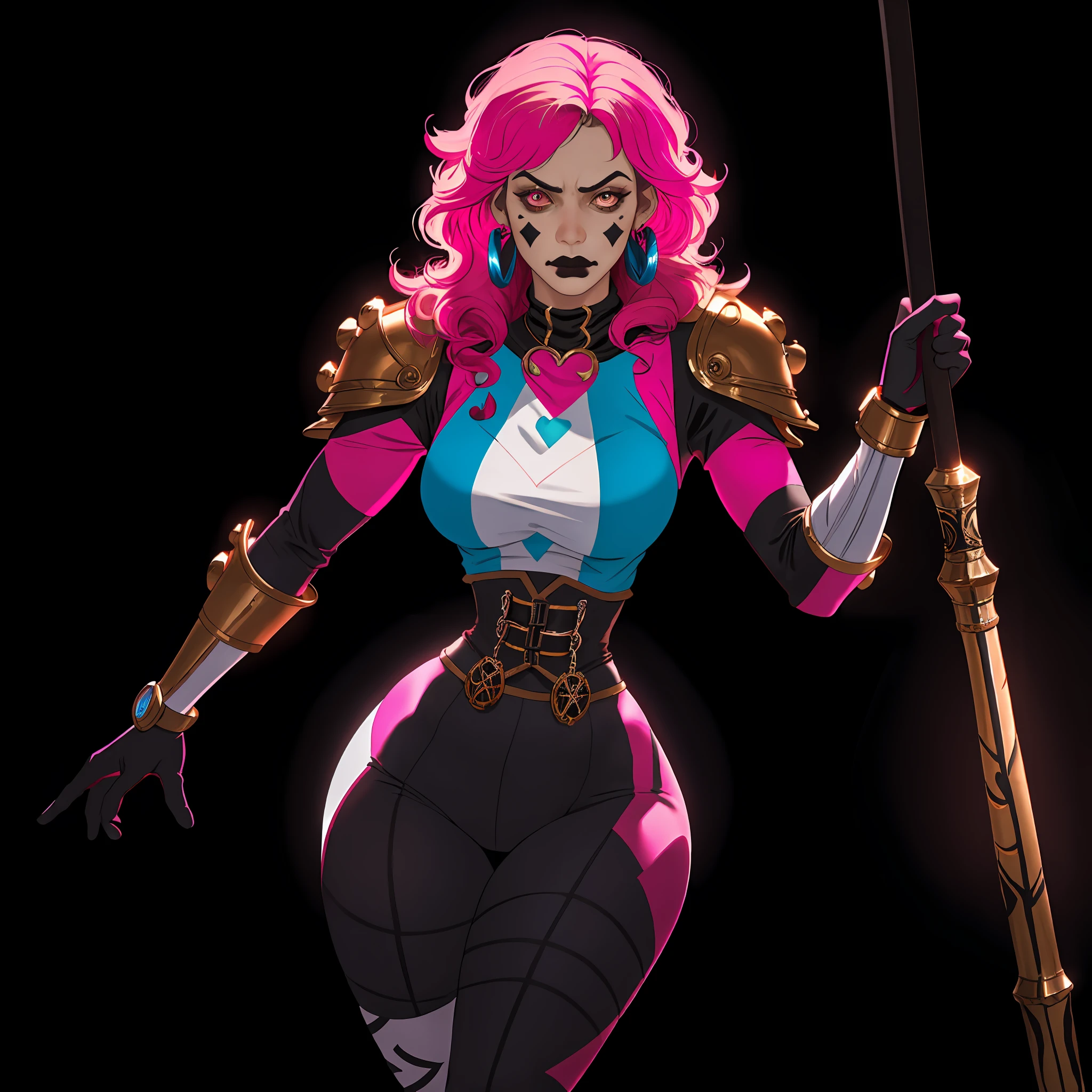 8k, high definition, masterpiece, huge resolution, (gritty fantasy style:1.2), (harlequin:1.2), pastel pink hair styled in loose waves, jester tights, narrow waist, wide hips, (mood lighting), (brown leather armor:0.8), (dark makeup:1.2), (1girl:1.2), (solo:1.2), (Mace:1.2),