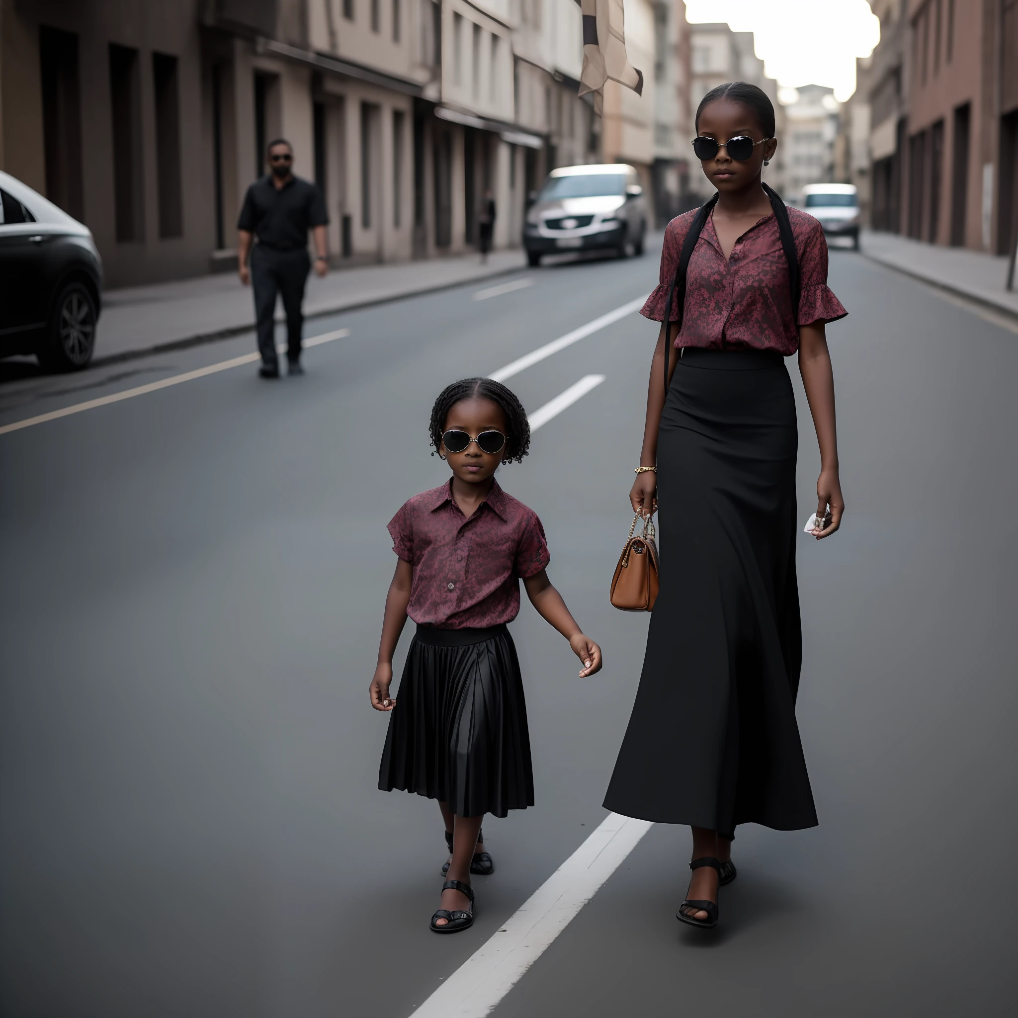 A girl wearing sunglasses walks down the street alone wearing a black men's blouse and skirt