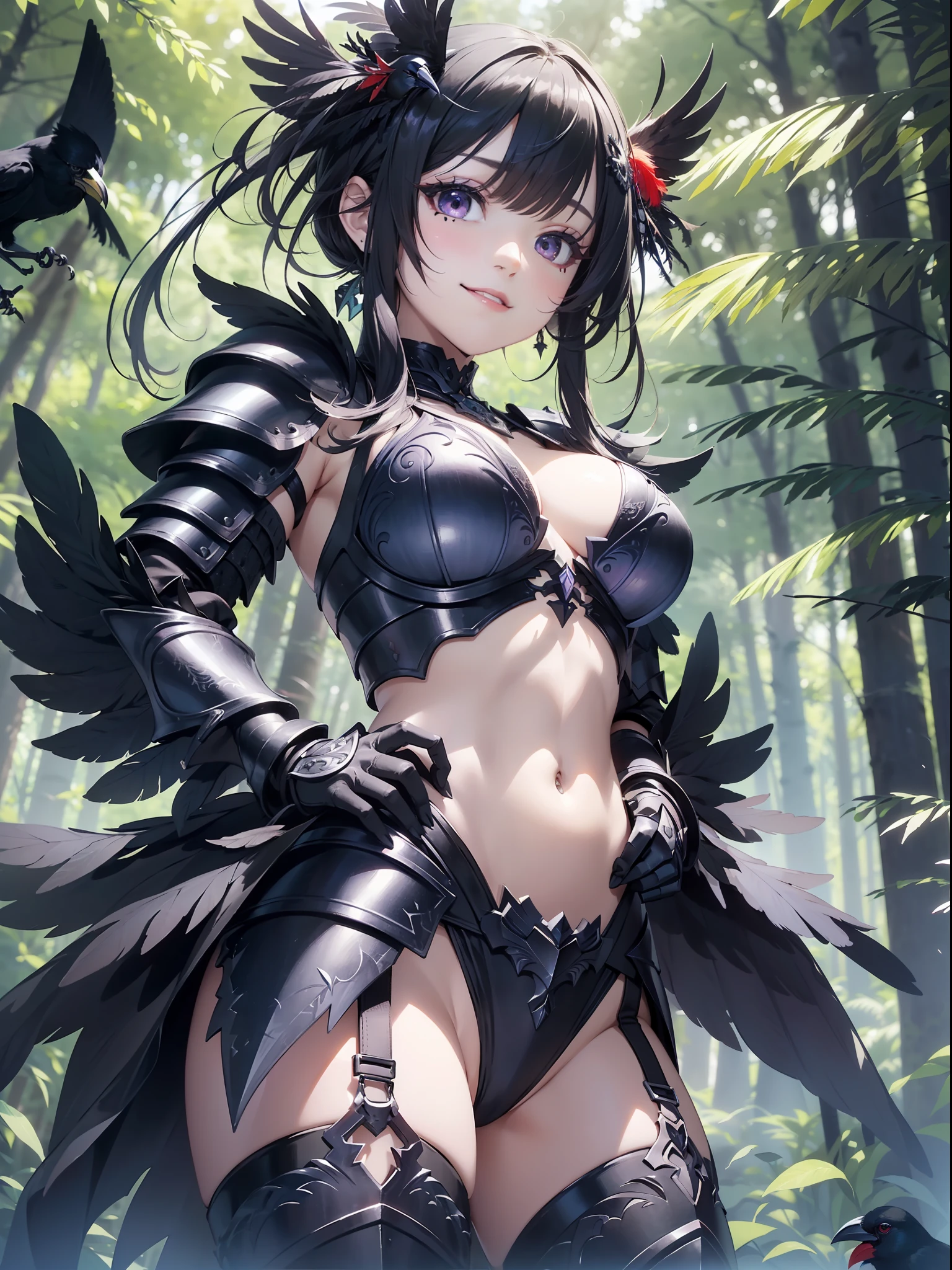 ​masterpiece、finely best quality、Insanely detailed，Super detailed illustration、one girls、独奏、(Heavy black armor:1.6)、(Bikini 1.1)、(Black feather hair ornament:1.3)、straggling hair、cabelos preto e longos、Twintail，(Over-the-knee boots:1.1)、cowboy-shots，fish-eye lens、(Thigh Armor:1.3)、(Crow motif:1.4)，(From below:1.2)(Condescending)，Purple Eye Shadow、(Evil smile)，(In the dark forest:1.5)、(Influence of wind:1.2)，5-Fingers、Purple、darkblue、(Crow's wings are fluttering:1.2)、(Luxurious decoration)，On a tall tree，