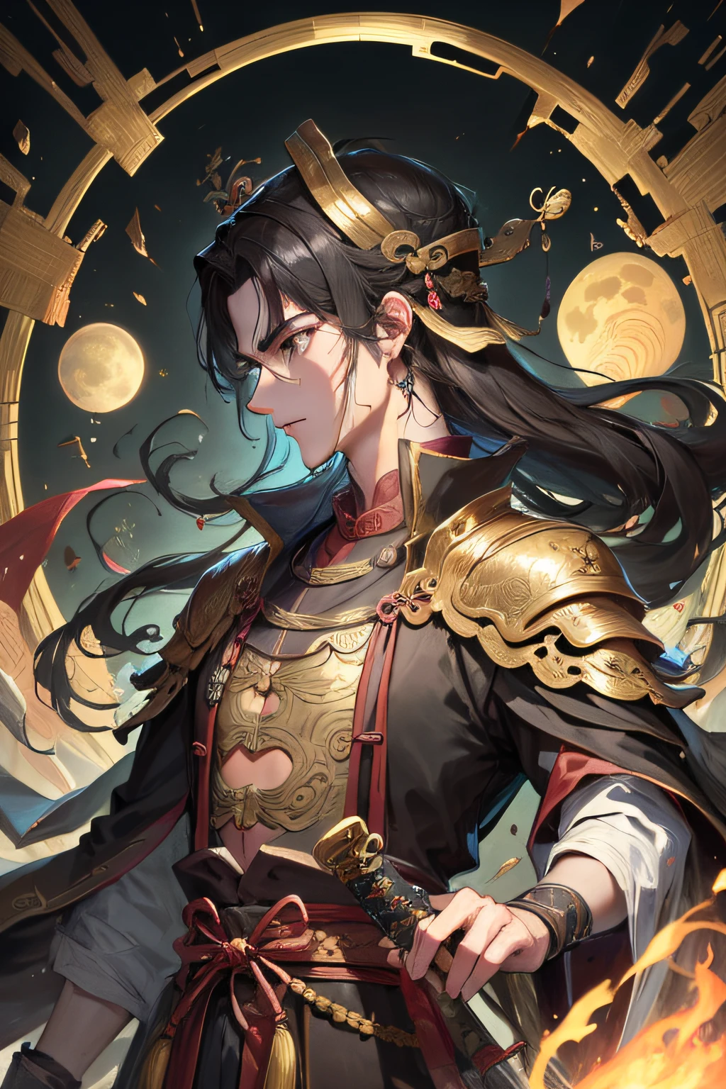 Masterpiece, best, night, full moon, 1 person, mature man, ancient China, Chinese court, eagle, black hair, black eyes, split hair, long hair, long bangs, handsome, face carving, Chinese crown, handsome, masculine, Serious, gentle, tall, calm, black and gold, gold pattern, dragon pattern, prince, sword match, profile, facial features details, facial features exquisite