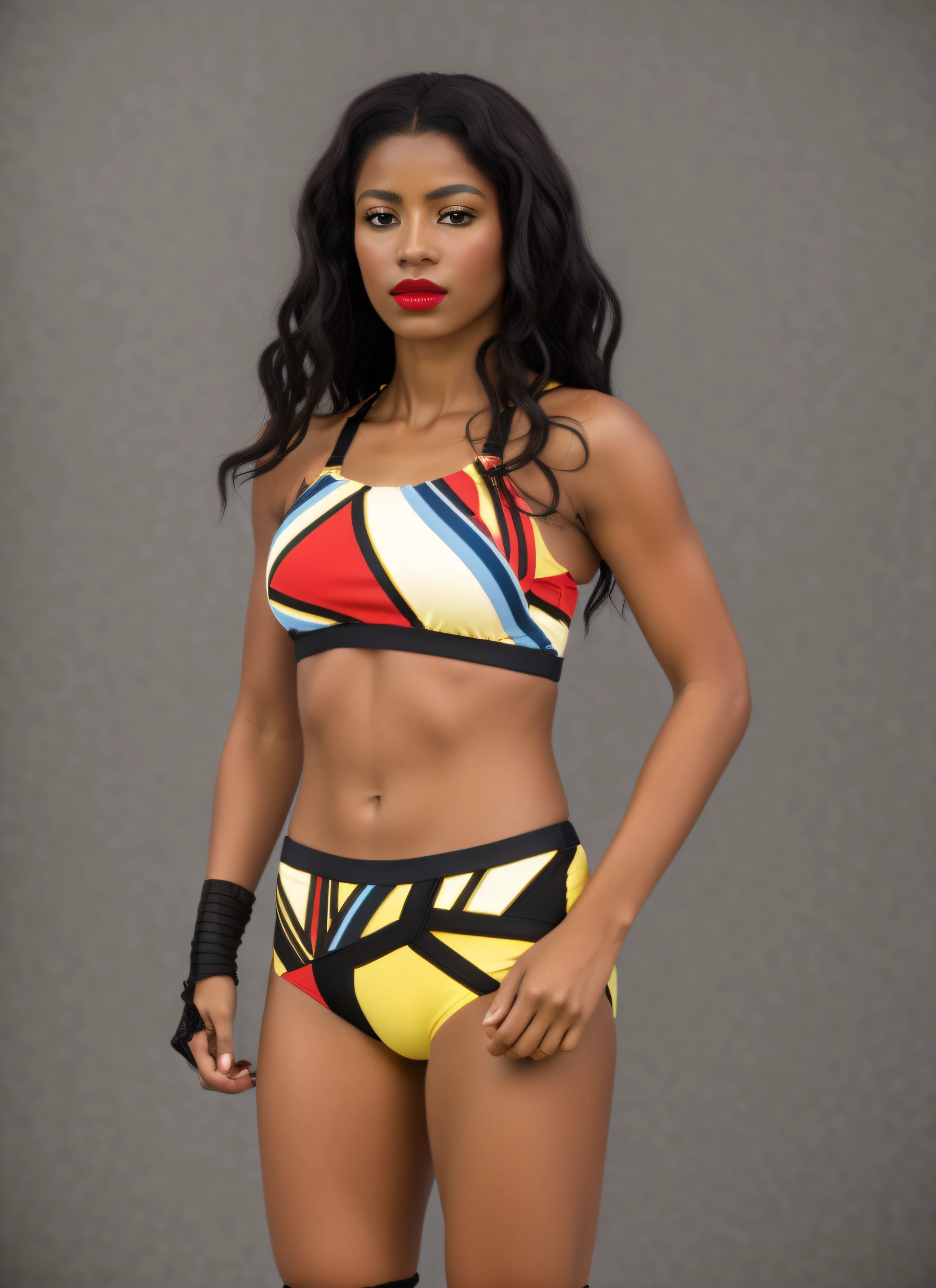 Dark-haired Afro-Latina, in red yellow beige blue and black bra, red yellow beige blue and black trunks, red yellow beige blue and black knee-pads, black hand-wraps, red fingernails, lipstick, photo realistic, intricate details