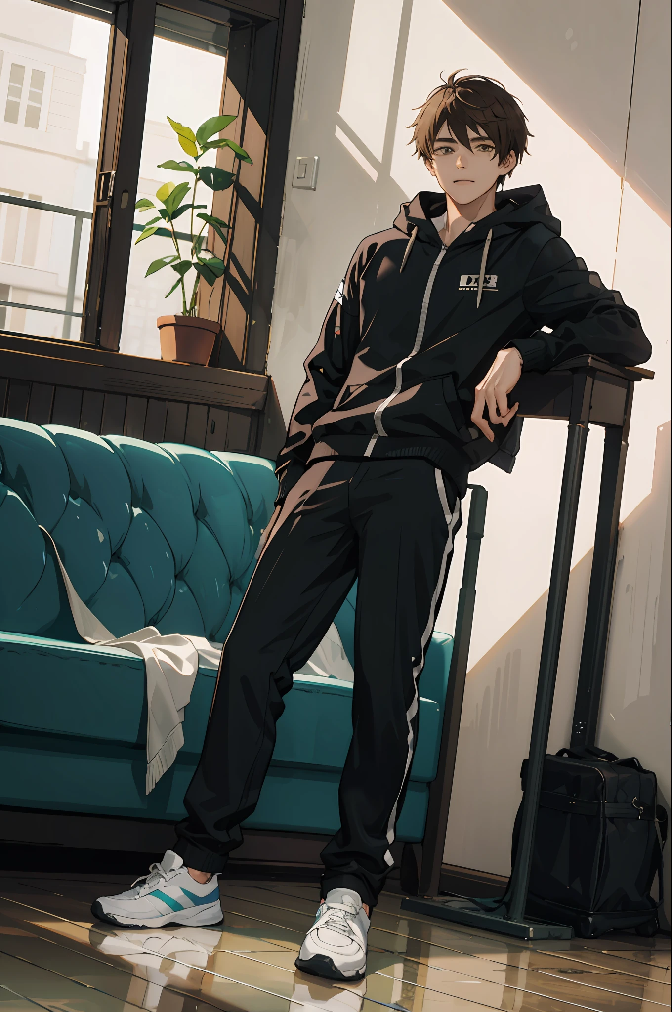tmasterpiece,独奏,best qualityer,1 male,Young adults,tall muscular,handsome,Elaborate Eyes,Complicated details,lounge suit,oversized hood,shortpants,Tennis shoes,disheveled brown hair,medium lenght hair,Intricate patterns,Optimal light and shadows,The background is inside the house,sitted,Mottled sunlight,In the daytime,depth of fields,a plant,laughingly,Heads-up