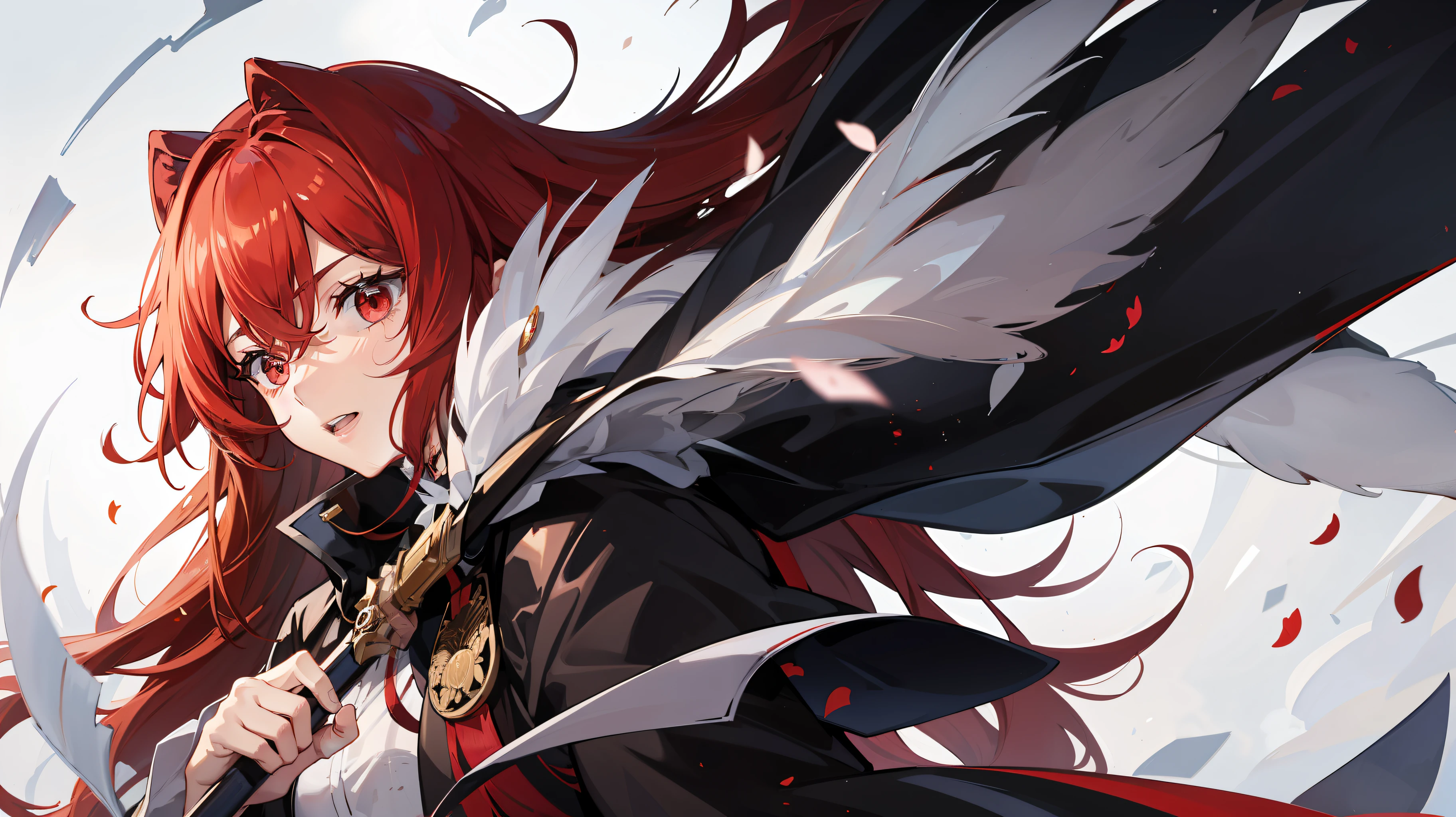 Red long-haired,red - eyed,Fly in the air,holding a long spear,