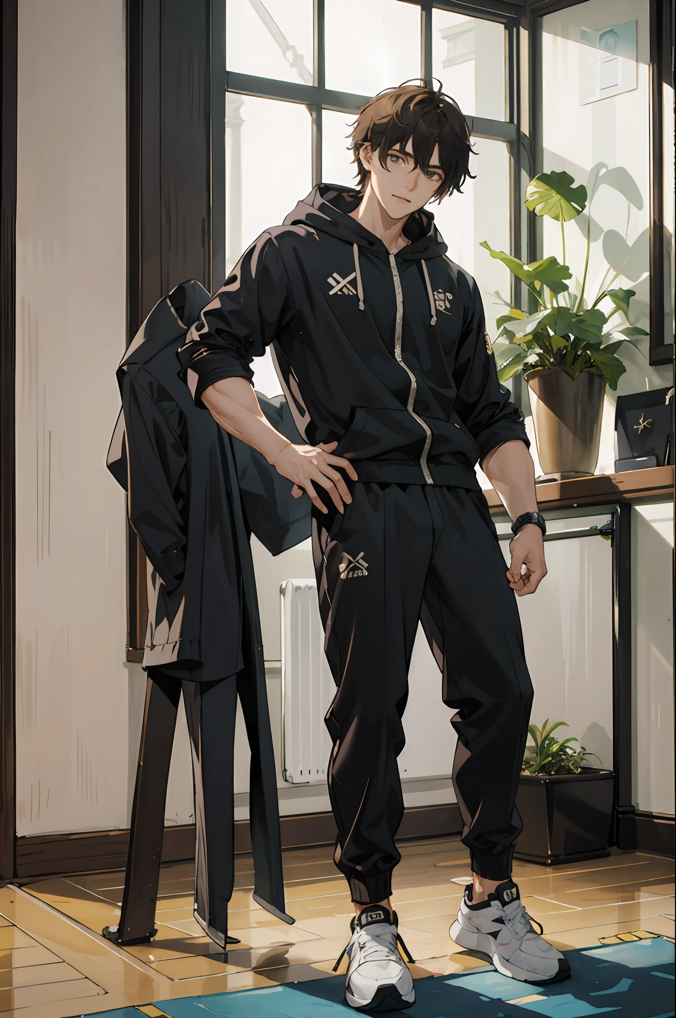 tmasterpiece，独奏，best qualityer，1 male，Young adults，tall muscular，handsome，Elaborate Eyes，Complicated details，lounge suit，oversized hood，shortpants，Tennis shoes，disheveled brown hair，medium lenght hair，Intricate patterns，Optimal light and shadows，The background is inside the house，sitted，Mottled sunlight，In the daytime，depth of fields，a plant，laughingly，Heads-up