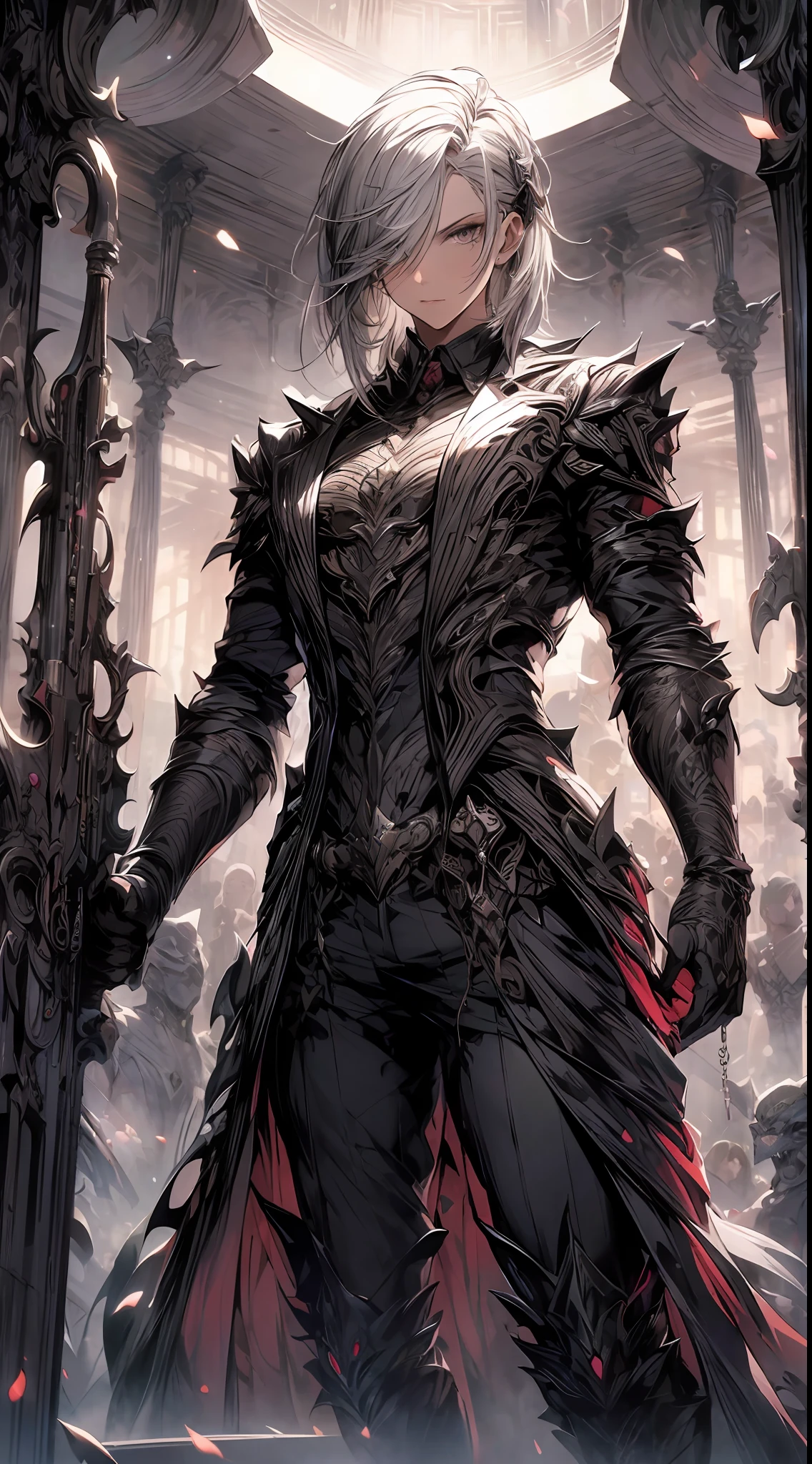 (absurdres, highres, ultra detailed, HDR), masterpiece, best quality, solo, a boy holding gun, magic gun, intricate gun, handsome, short hair, white hair, leather outfit, BREAK, Detailed face, dark persona, light persona, fractal, full body, ceiling, artistic background, Bio-luminescence, geometric, Organic, blessing, favor, exalted, fantasy, celestial, sublime, noble, unfolding, unraveling, spiritual, dignified, magic circle, look at viewer