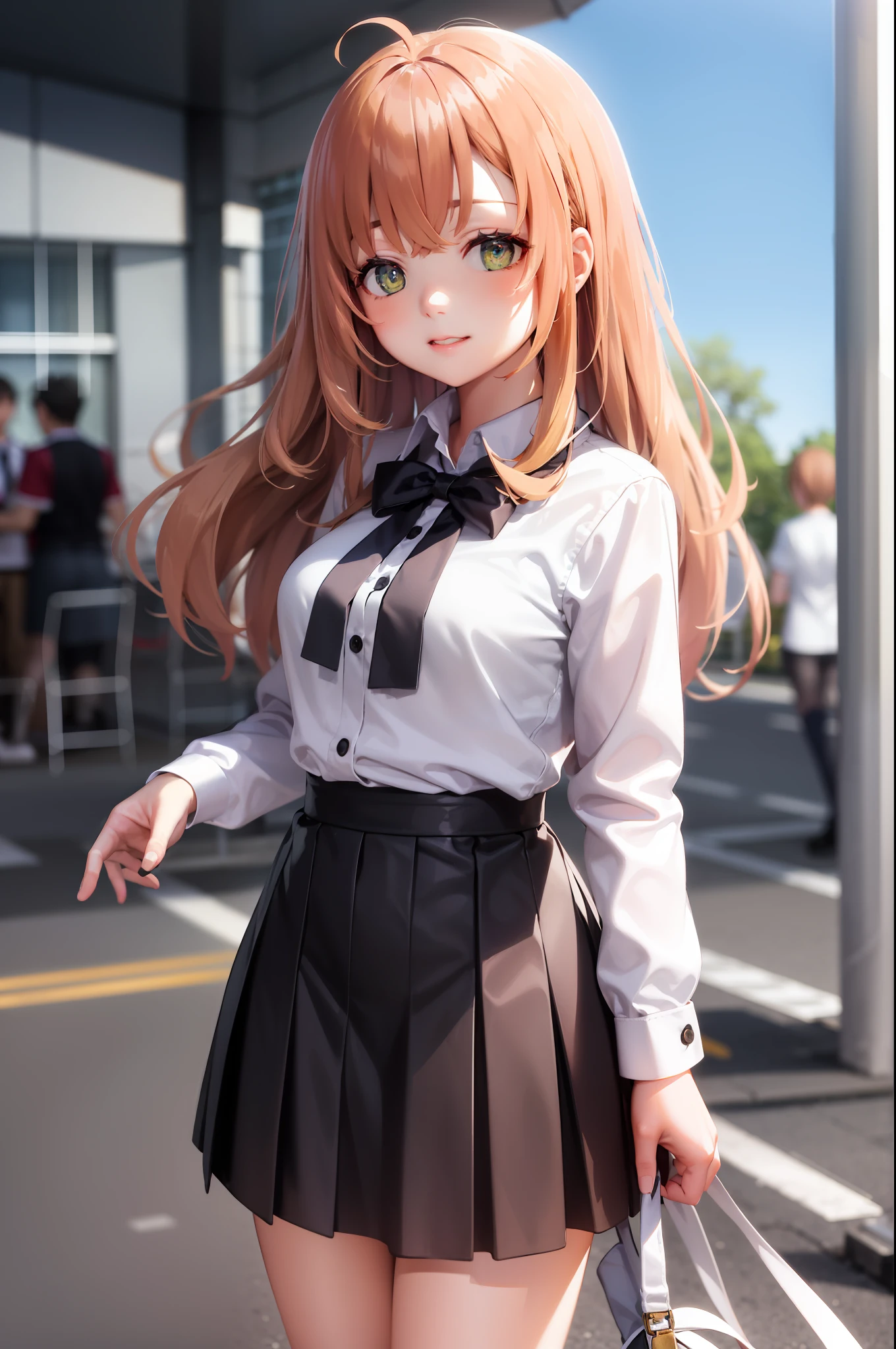 （tmasterpiece，best qualtiy：1.2），cowboy lens，独奏，1girll，Stand in front of the school，prette，yellow long hair，elegant，looking at viewert，ahoge，校服，White shirt and black pleated skirt，the street，schools