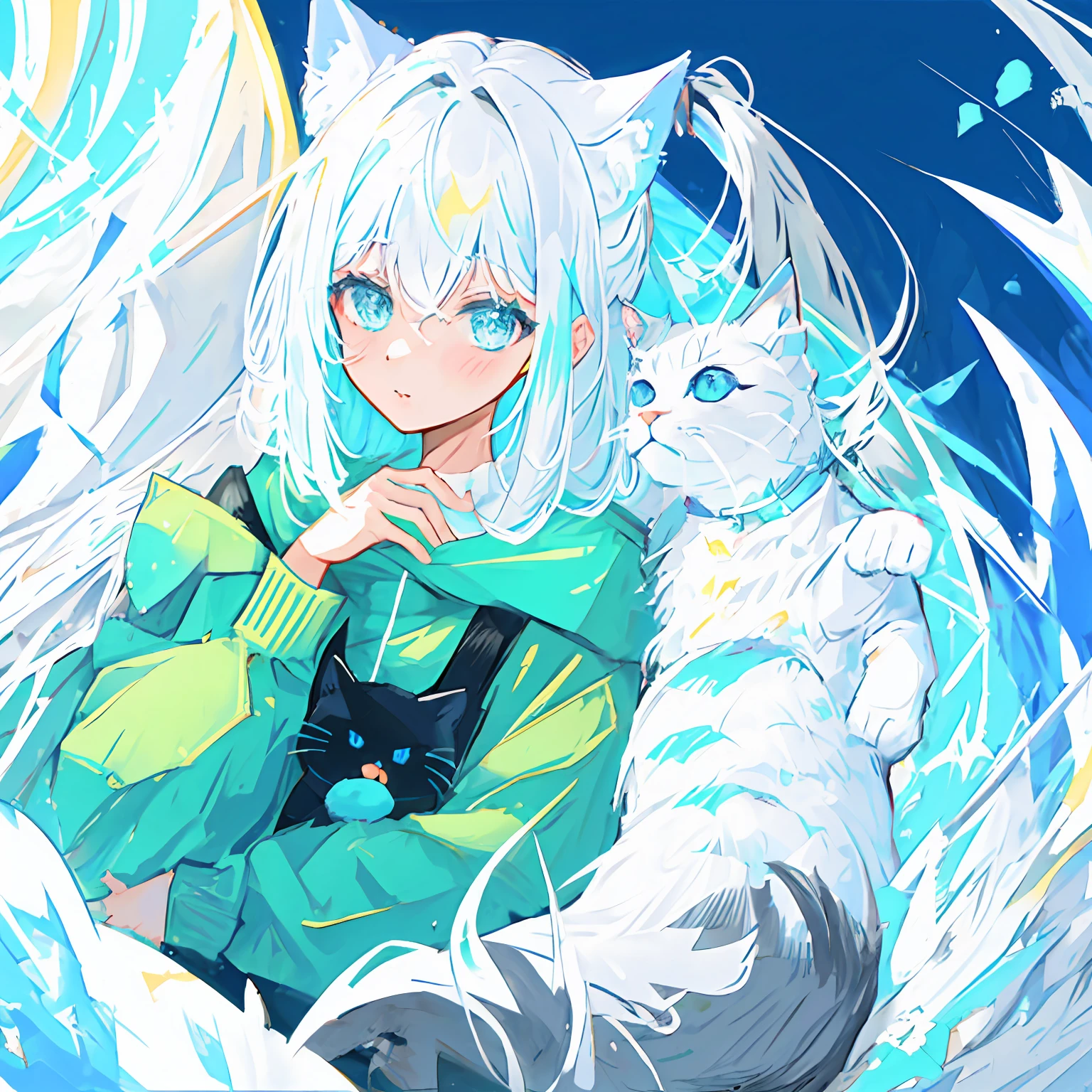 Cute cat avatar，Green and blue eyes, white hair