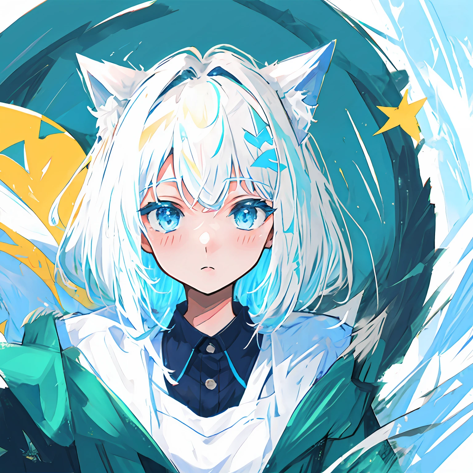 Cute cat avatar，Green and blue eyes, white hair