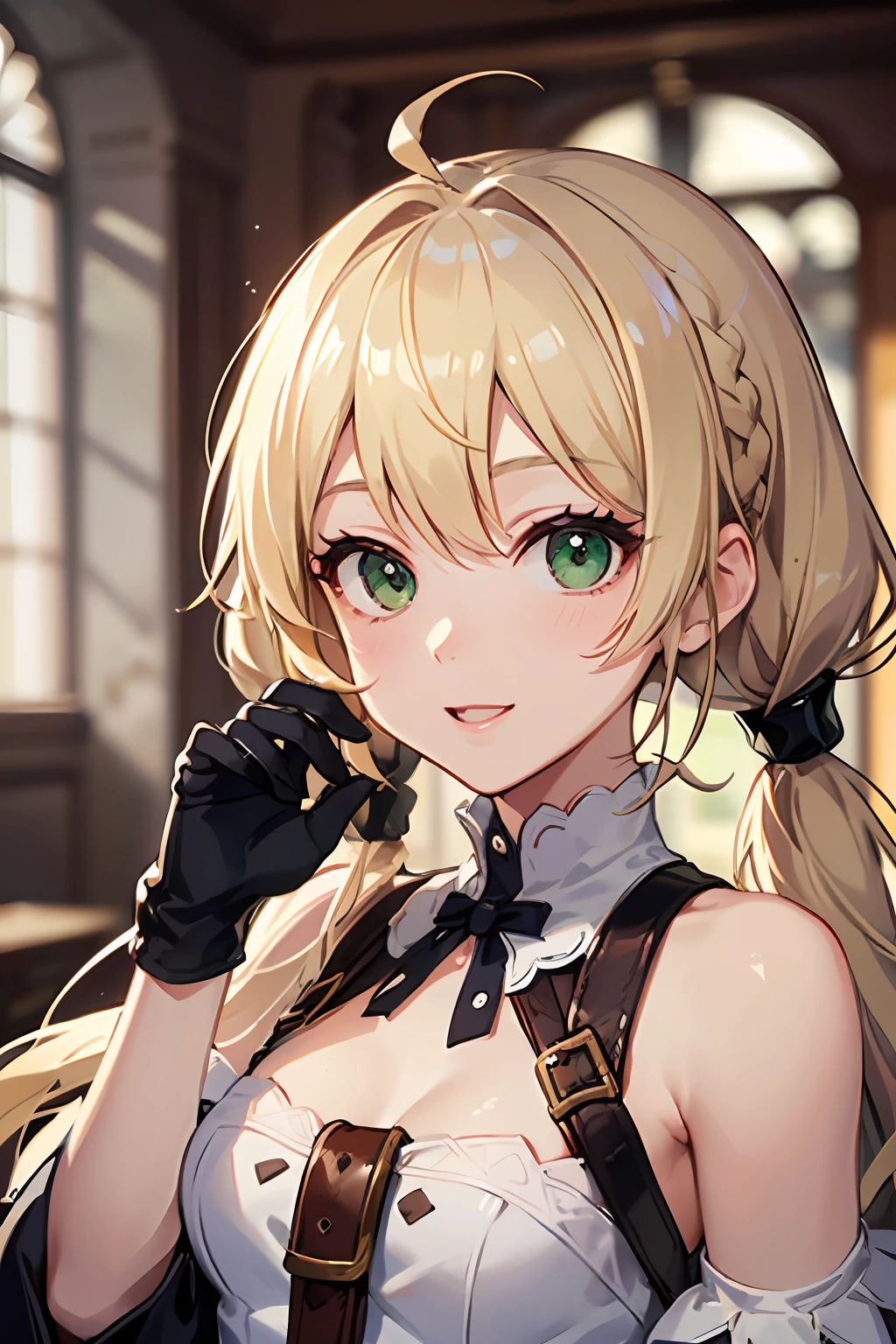 (NSFW:1.2)(best quality, masterpiece, highres,e:1.2)(kawaii)(Beautiful face)(Petite:1.4 ), ((Blonde hair:1.4),Wavy hair, Hair Between Eyes, ((low twintails:1.4)), Braids , side locks, Ahoge, flipped hair )hair ornaments,(Green eyes:1.2) ,Steampunk, (London street fashion:1.1)engineer,(white sleeveless sundress:1.4), Belt, Bracelet , (Leather gloves:1.4)(tighstrap)(Looking up:1.2) ,Cowboy Shot,(Dynamic Angle, (close to viewer:1.2), Focus Face, fish-eye lens,(white back)),(hands on own face),light smile