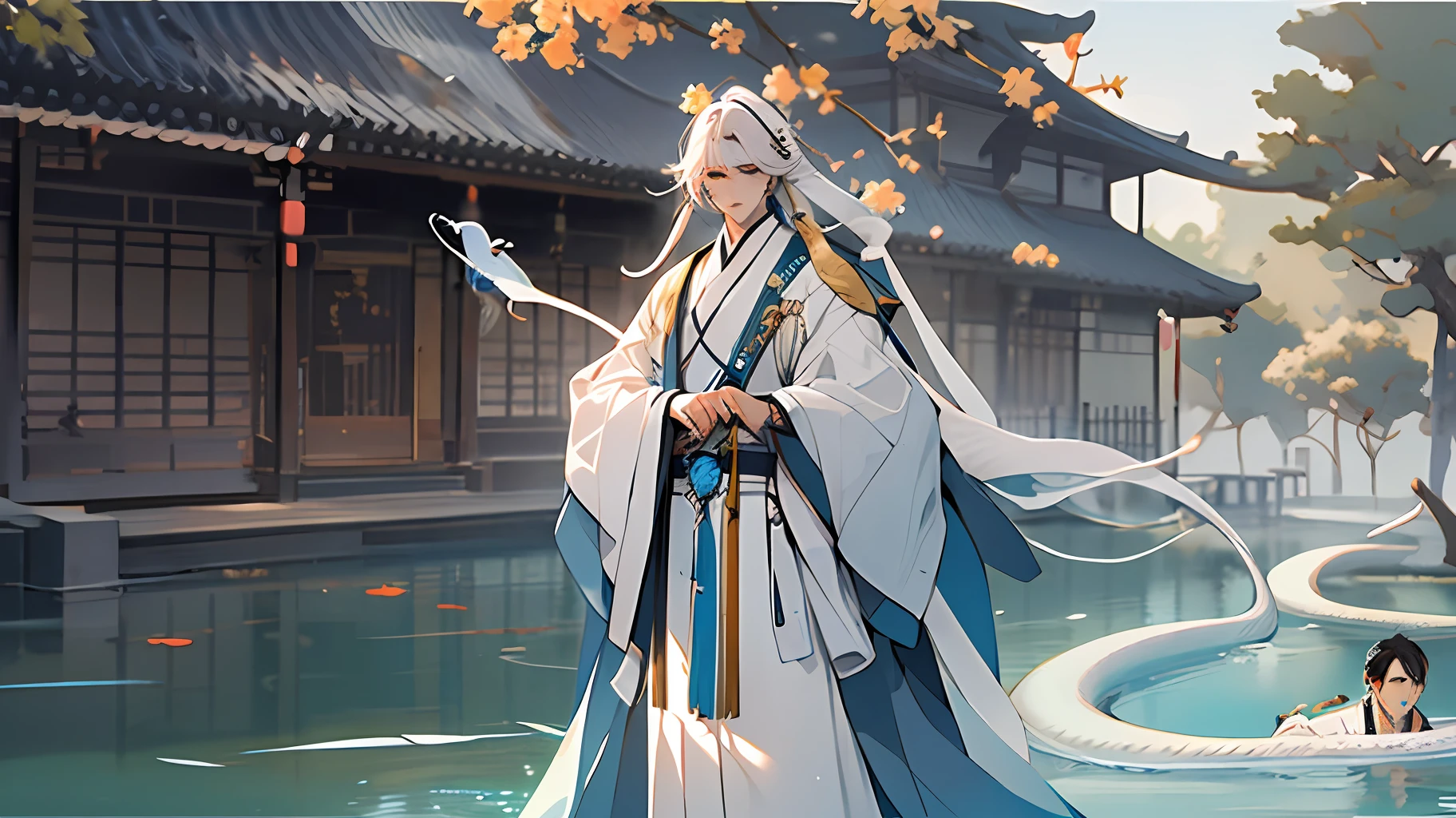 1boys，mtu，Hanfu，Chinese costumes，White color hair，White Snake，huge snake，waterface