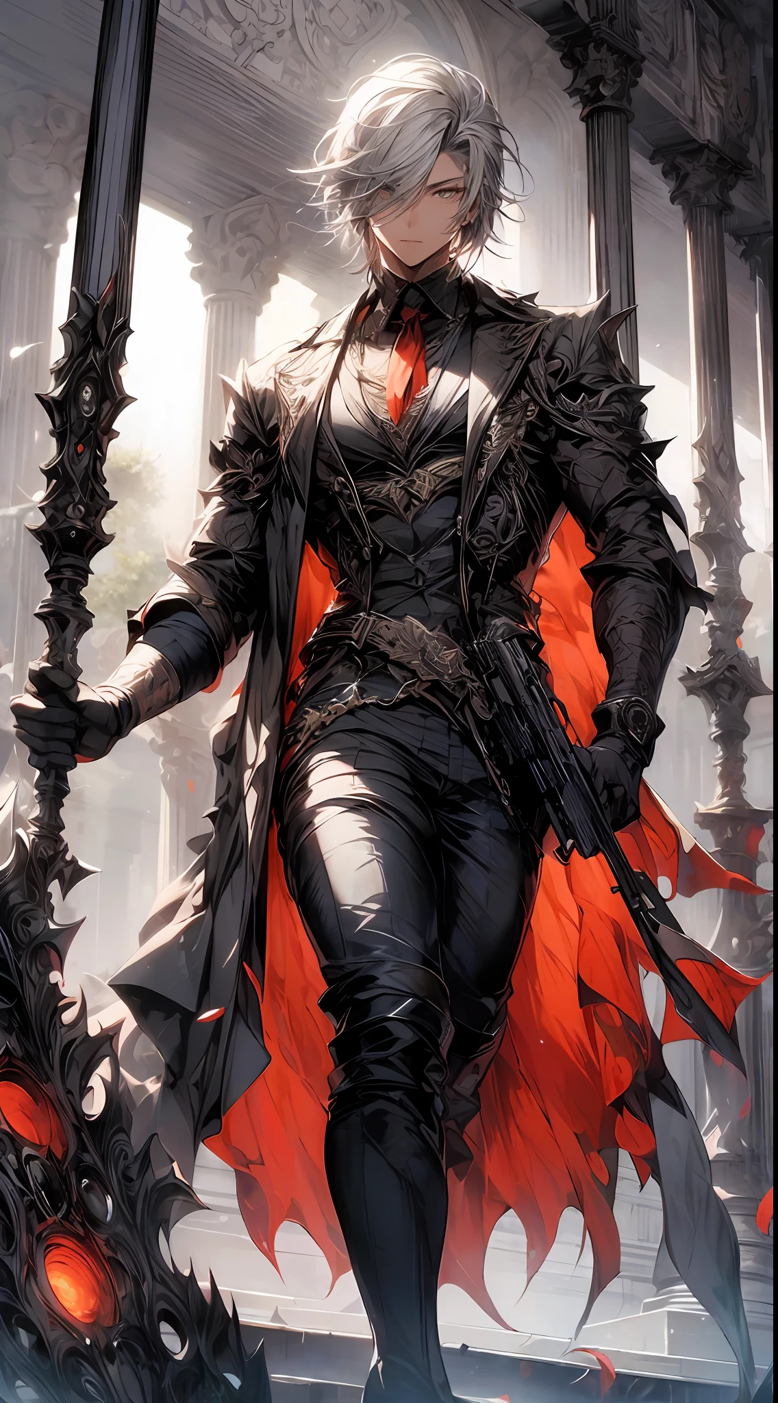 (absurdres, highres, ultra detailed, HDR), masterpiece, best quality, solo, a boy holding gun, magic gun, intricate gun, handsome, short hair, white hair, leather outfit, BREAK, Detailed face, dark persona, light persona, fractal, full body, ceiling, artistic background, Bio-luminescence, geometric, Organic, blessing, favor, exalted, fantasy, celestial, sublime, noble, unfolding, unraveling, spiritual, dignified, magic circle, look at viewer