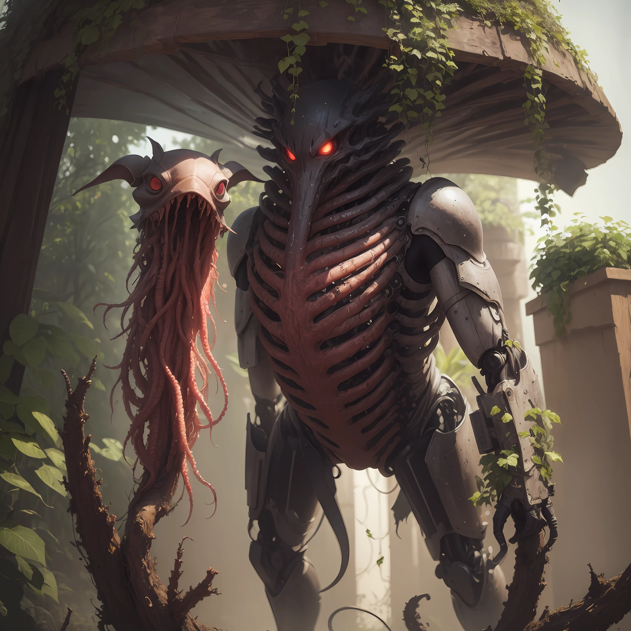 Evil God Crusu,tentaculata,flesh and blood,indescribable,Dense horror,aberration,variation,synthetic,Nonsexual,Machinary,A plant,round form,The future,punk,Cyber